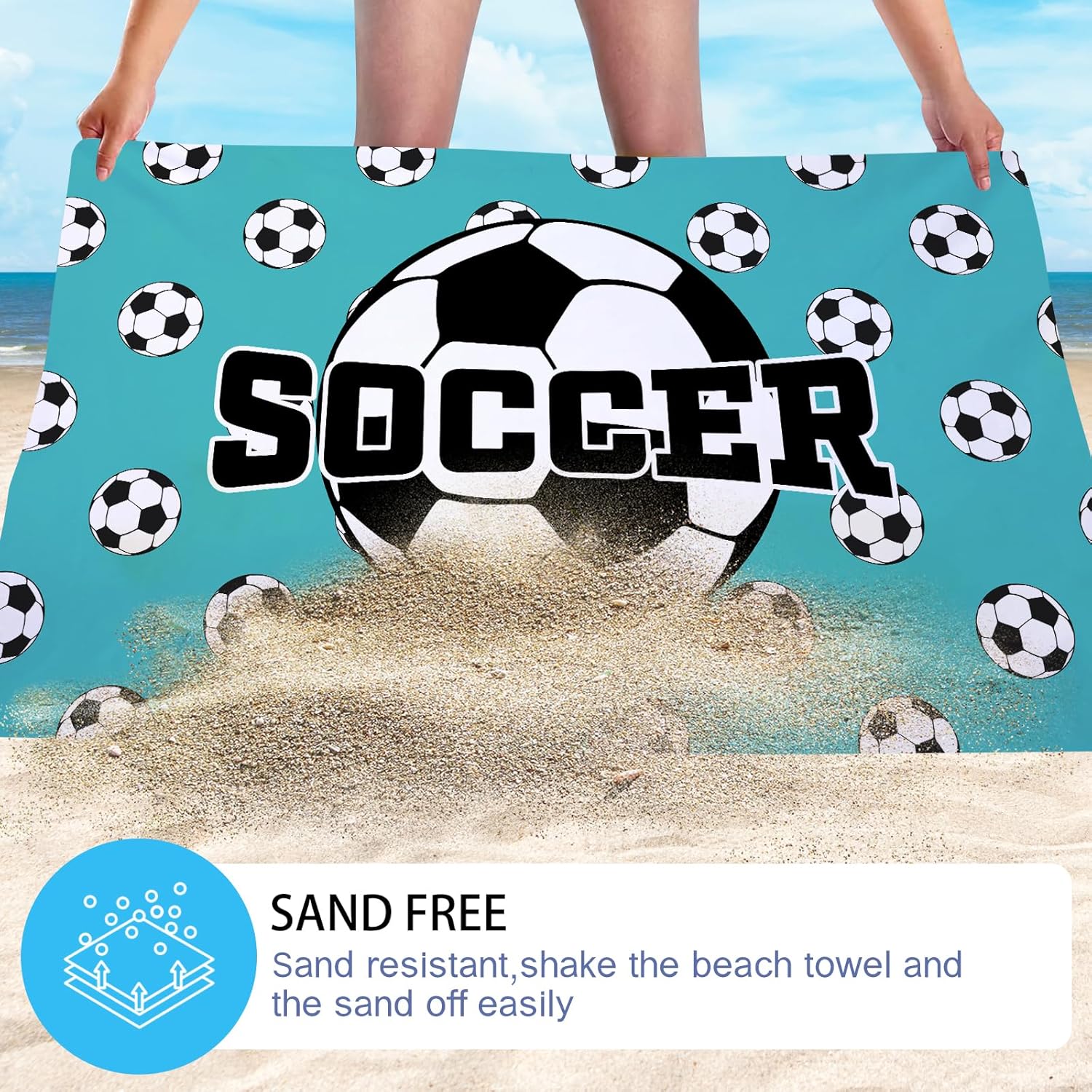 WZOMT Soccer Beach Towel, Microfiber Blue Soccer Bath Towel for Boys Men, Funny Sand-Free Oversized Quick Dry Absorbent Pool Towel for Swimming Bathroom, 32x52 Inch