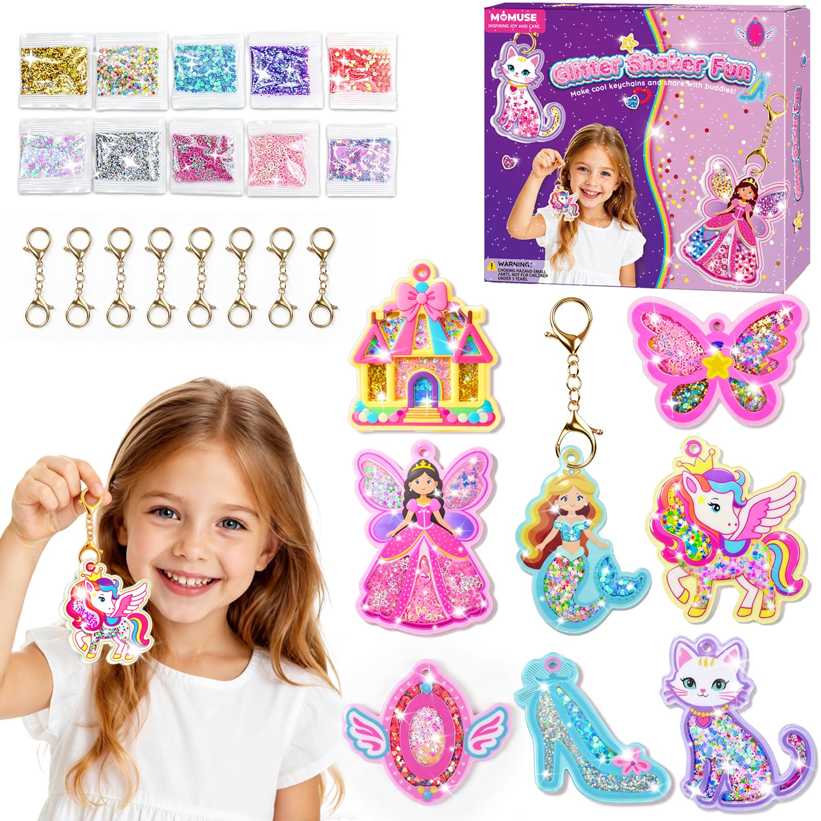 MOMUSE DIY Glitter Keychain Making Kit for Kids 4+, 8 Themes Shaker Fun