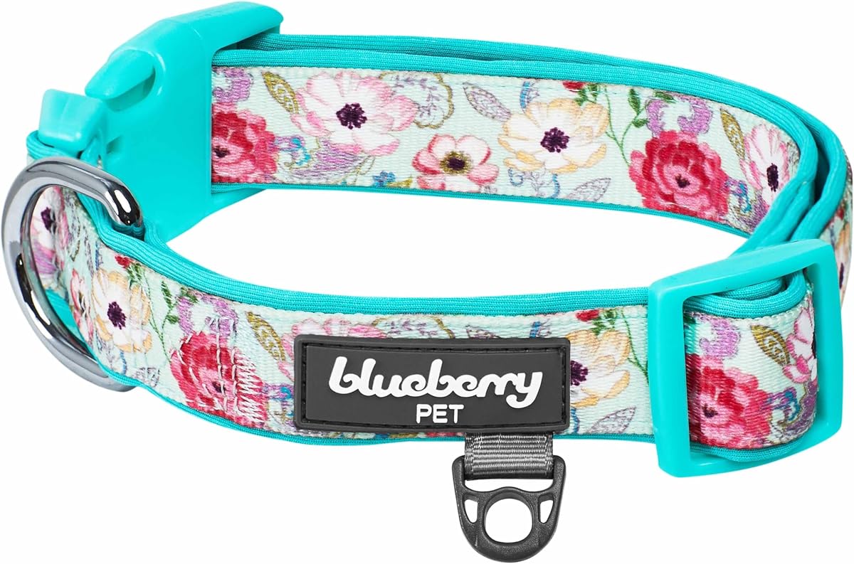 Soft & Comfy Peony Flower Print Neoprene Padded Adjustable Dog Collar, Minty Green, Medium, Neck 14.5"-20"