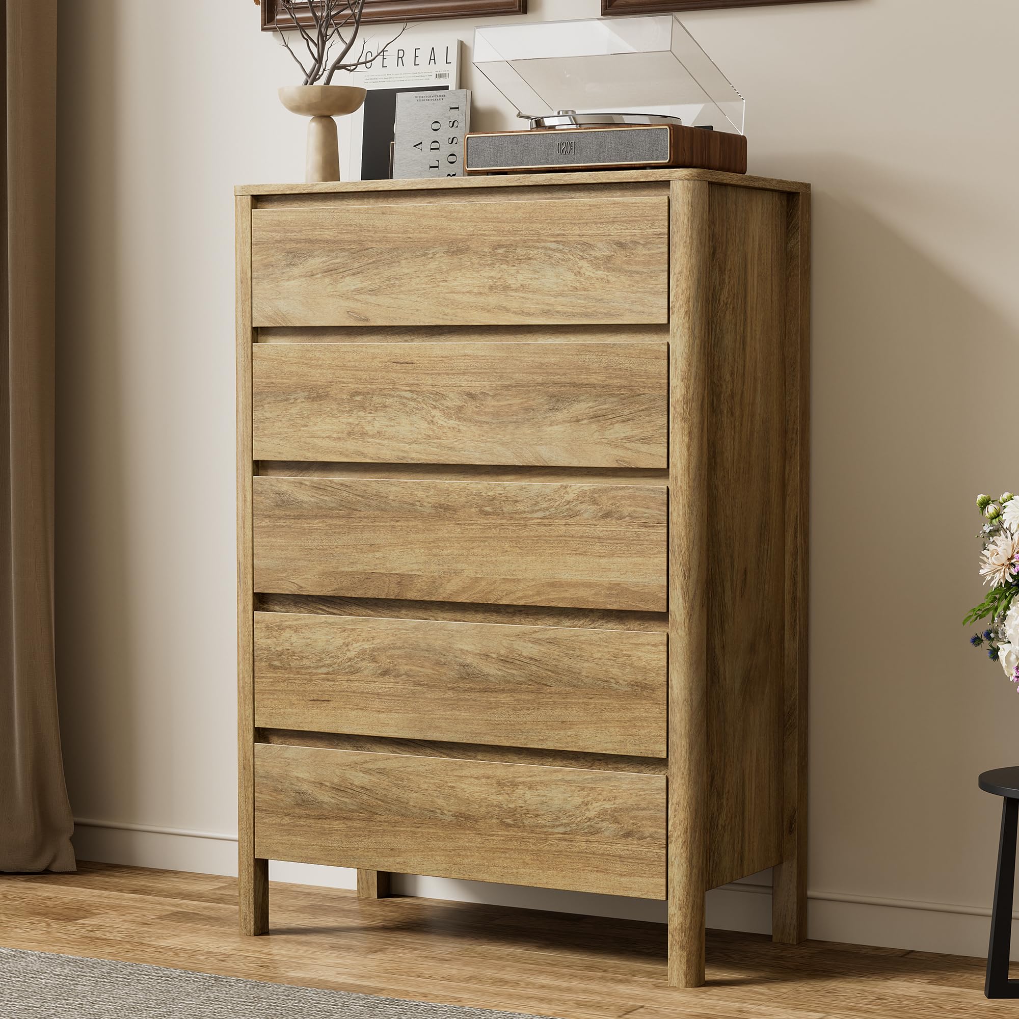 Furniway 45" Tall 5 Drawer Wood Dresser for Bedroom with Legs, Natural Oak