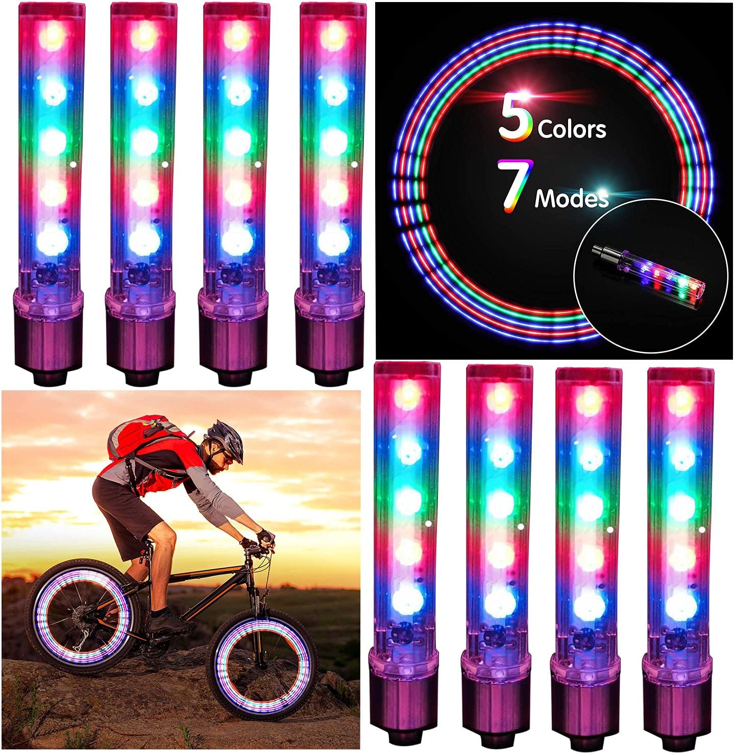 R REIFENG8 Pcs 5 LED Bike Tyre Tire Wheel Valve Lamp Flashing Bicycle Wheel Light Bike Wheel Cap Lights Bike Spokes Lights Night Cycling Safety Warning