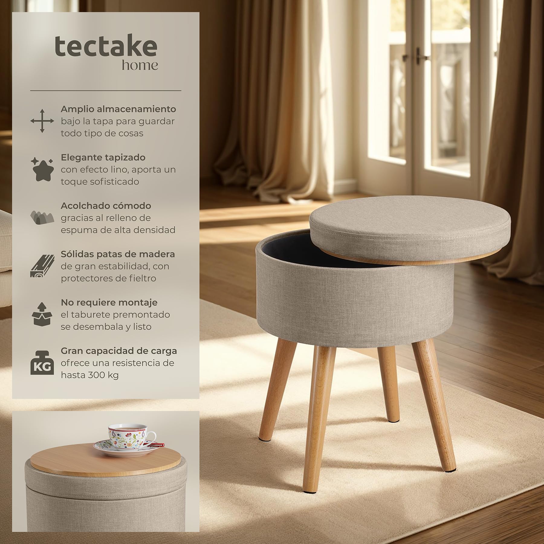 Tectake Puff Almacenaje Dormitorio con Asiento Acolchado Estructura Plegable Banco Taburete 42,5x42,5x45,5 cm Arena