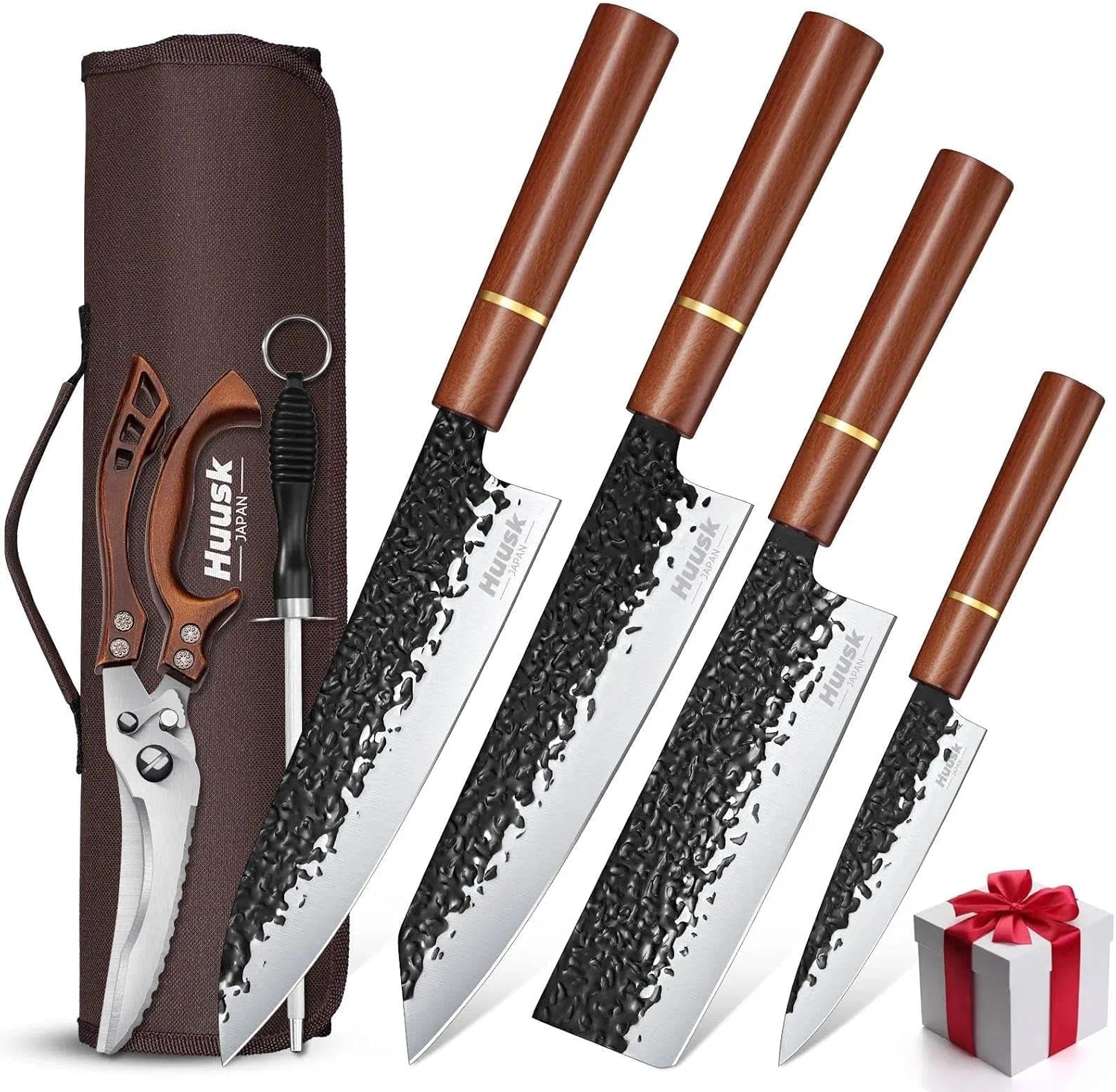 Huusk Japanese Knife Set 6pcs with Covers - Professional Chef Knife Set with Bag & Sharpener, High Carbon Steel Forged Knives Sets with Scissors, Japanese Kitchen Knives Sets, Christmas Gifts for Men