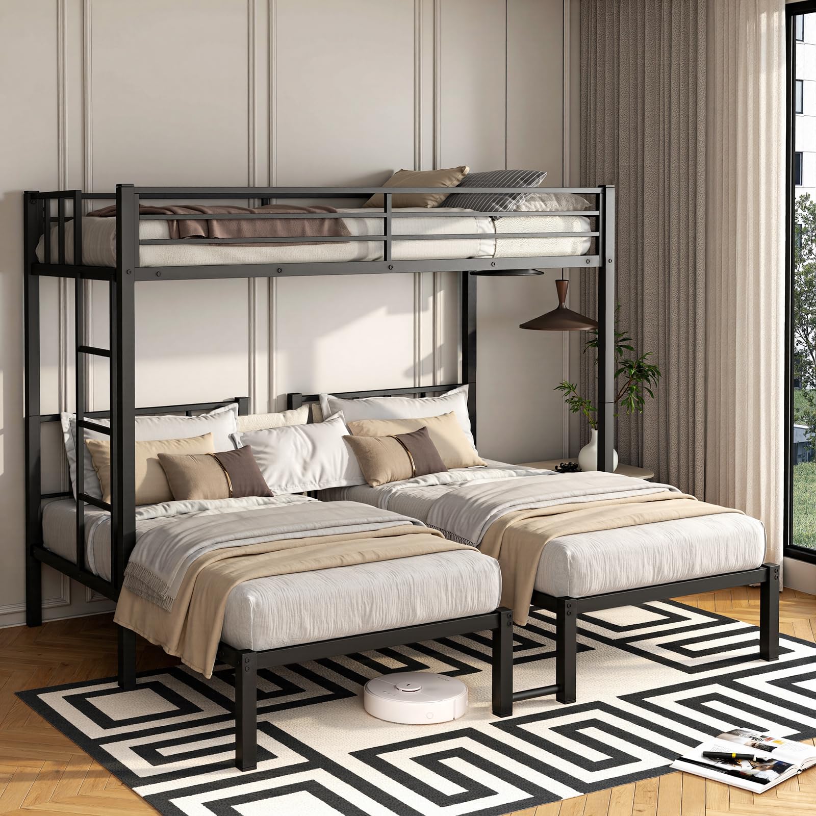 SEE DESCRIPTION Heavy Duty Triple Bunk Bed for 3, Twin Over Twin Over Twins with Guardrails and Ladder, Metal Bunk Bed, 3 Bed Teens and Adults, No Box Spring Needed (Black)