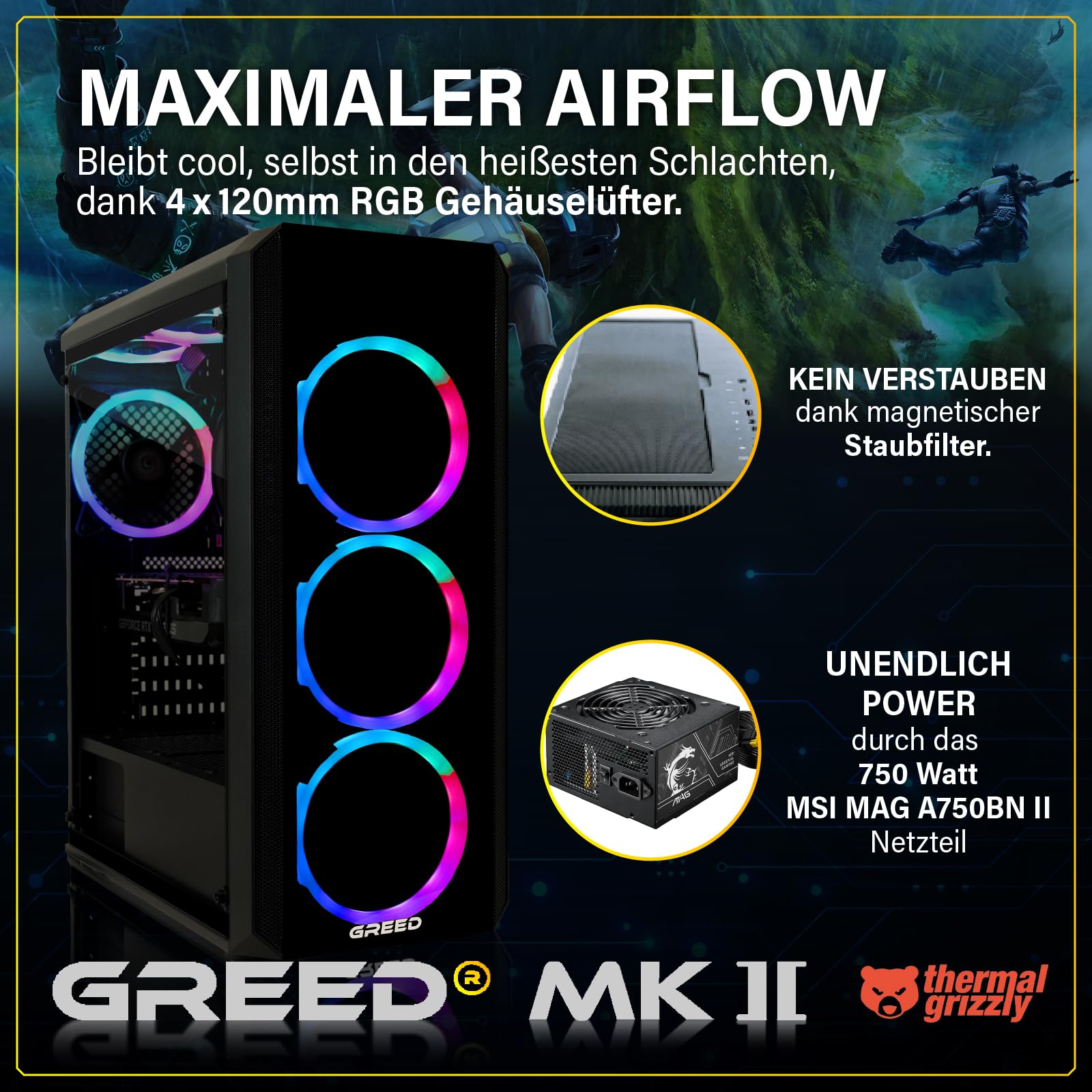 Greed® MK2 - High End Gaming PC - AMD Ryzen 7 5700X & Nvidia Geforce RTX 5060Ti (8GB) - Ultra Schneller RGB Computer + 4K Raytracing Rechner mit 4,60 GHZ - 32 GB DDR4 RAM - 1TB SSD - WLAN + W11 Pro