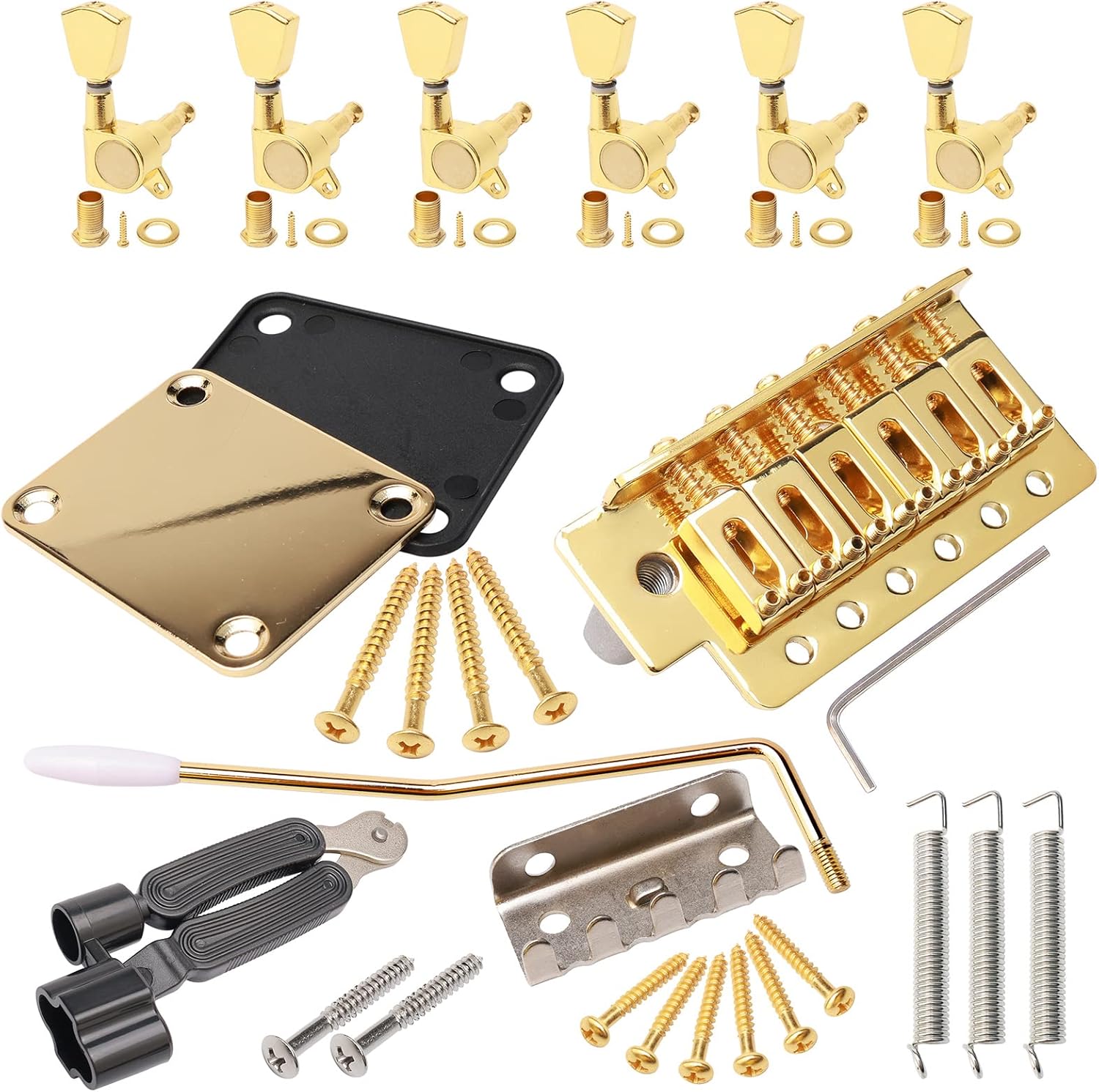 Swhmc Golden 6 Strings Electric Guitar Tremolo Bridge Bar Kit,6R Sealed Gear Tuning Pegs Keys Machine Head with Neck Plate Reinforce Board for Strat Fender Guitar Replacement