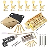 Swhmc Golden 6 Strings Electric Guitar Tremolo Bridge Bar Kit,6R Sealed Gear Tuning Pegs Keys Machine Head with Neck Plate Reinforce Board for Strat Fender Guitar Replacement