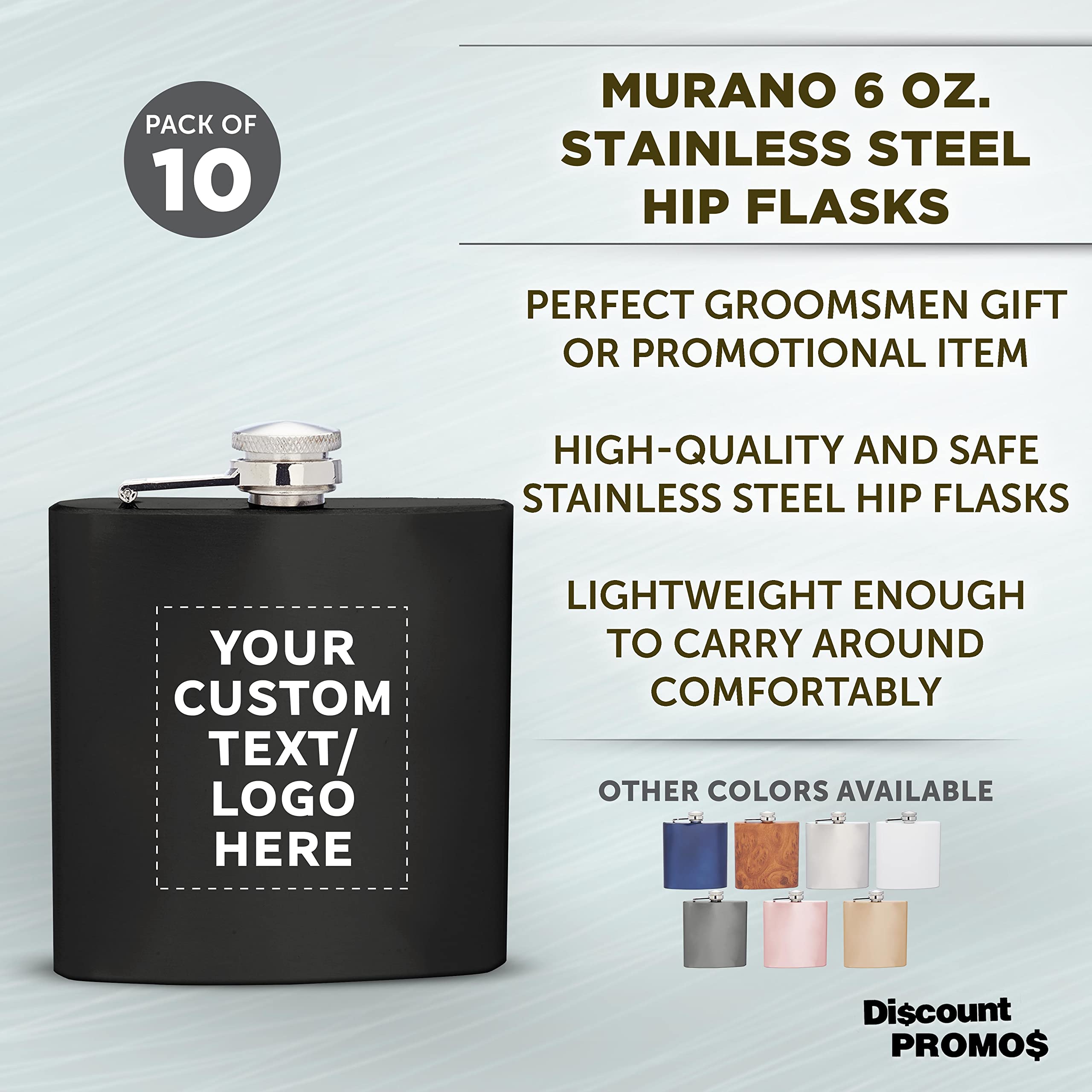 Custom Murano Stainless Steel Hip Flasks 6 oz. Set of 10, Personalized Bulk Pack - Screw on Cap, Great for Wedding Party Gifts, Groomsmen Gifts, Outdoor Activities - Black