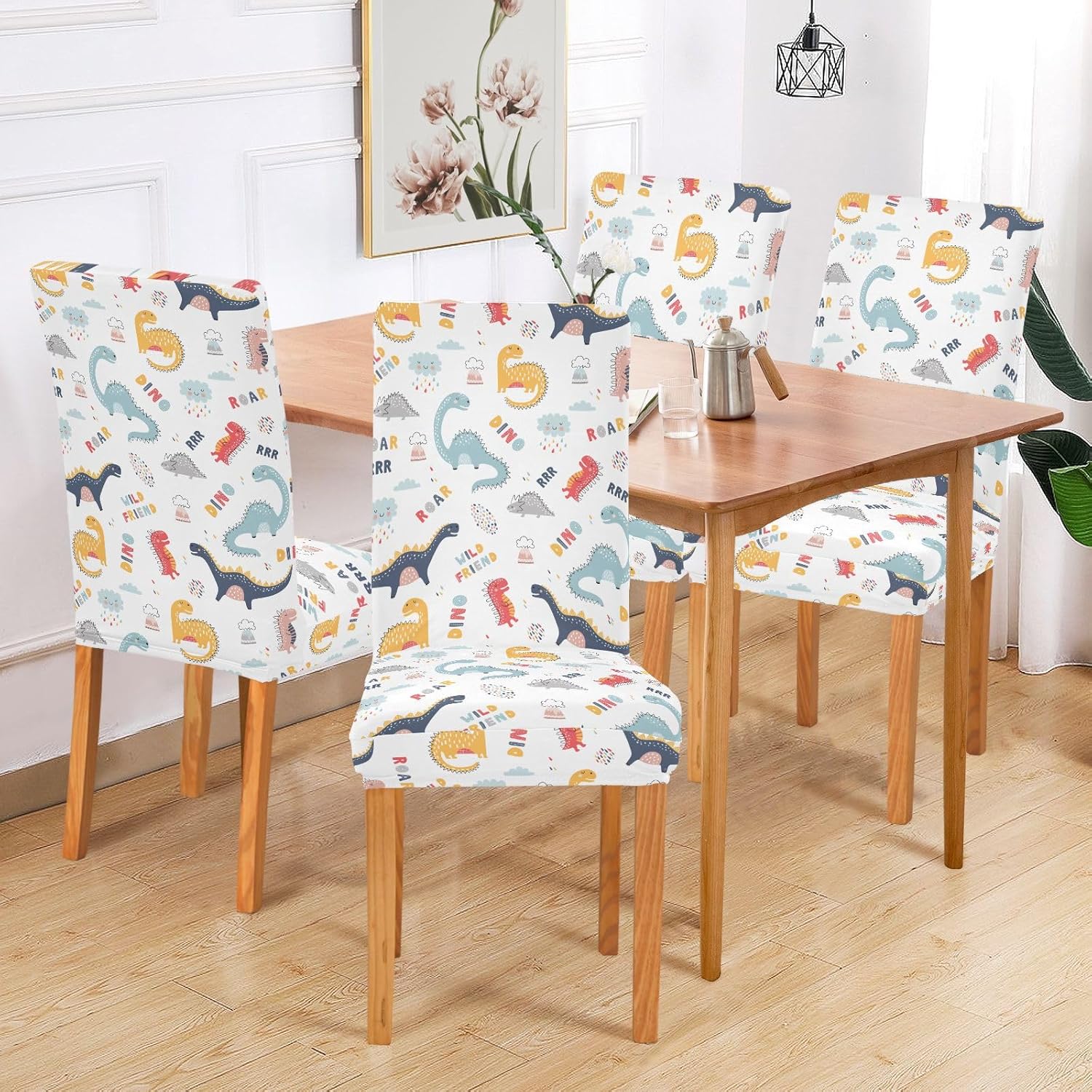 Kigai Cute Funny Kids Dinosaurs Chair Covers Set of 2, Washable Removable Chair Covers Protector for Dining Room,Hotel,Ceremony