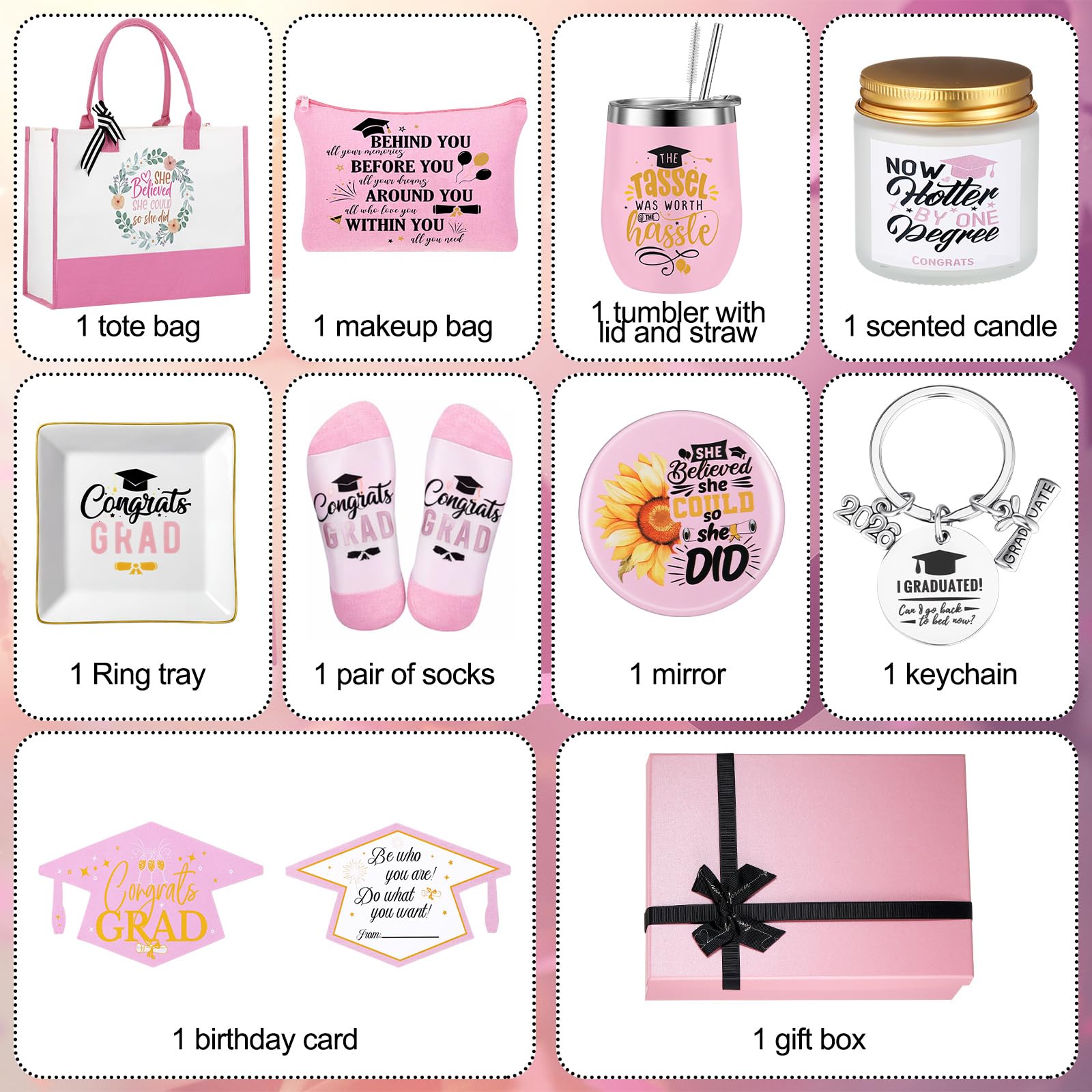 10 Stück Abschlussgeschenke für Frauen, inklusive Tragetasche, Make-up-Tasche, Becher, Kerzenring-Tablett, Schlüsselanhänger und Socken, Glückwünsche, Abschlussgeschenke für Absolventen 2026