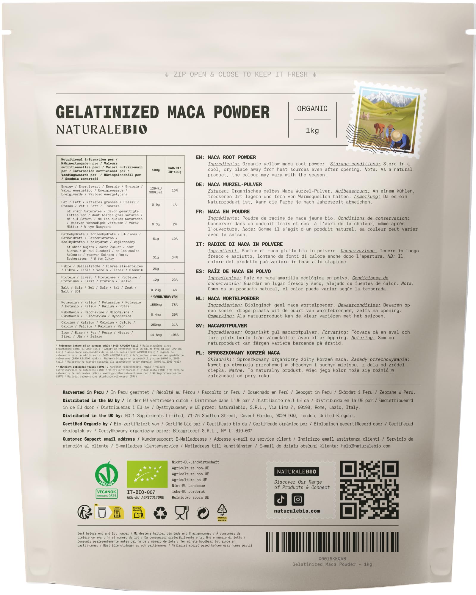 NaturaleBio Maca Peruviana Biologica in Polvere 1 kg. Naturale e Pura, Prodotto in Perù dalla Radice di Maca Bio - Gelatinizzata