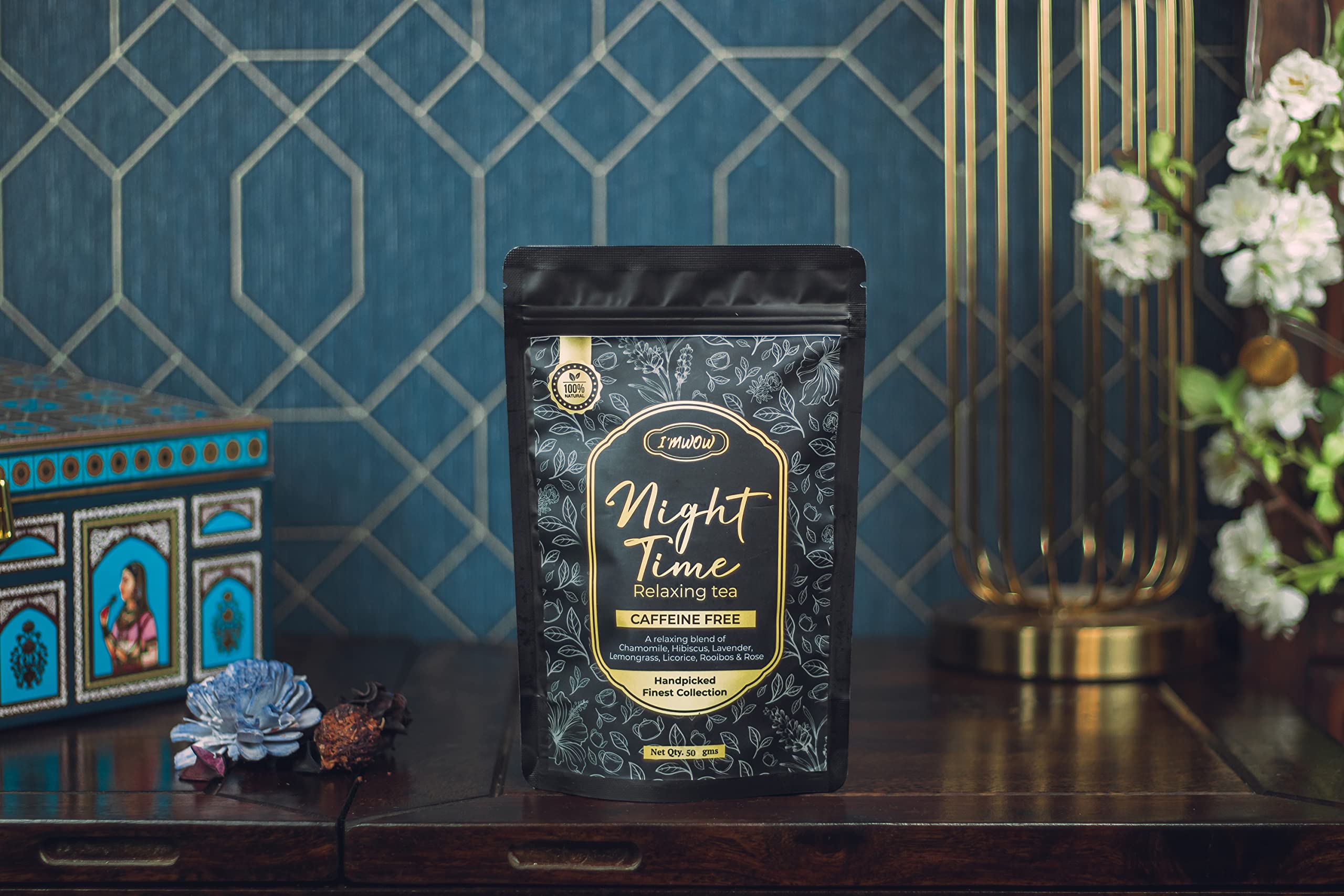 I'MWOW Night Time Relaxing Tea - 1 Month Pack - 100Gm, Rooibos, Loose, Zero Calories | Caffeine Free | 7 Natural Ingredients