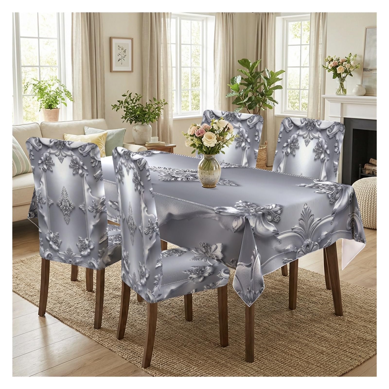 KXUAUV Silver Baroque Floral Print Stretch Dining Chair Covers Tablecloth Set, For Kitchen Dining Living Room Luxury Decor, 5/7 Pack Party Decor(5pcs Set: Tablecloth+Chair Covers)