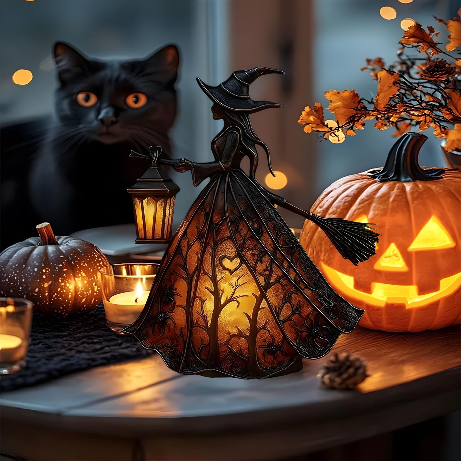 Lámpara de bruja de Halloween, decoración gótica de bruja espeluznante con linterna de sujeción, figura de decoración de lámpara de mesa, luz nocturna de bruja de pie para el hogar, porche, mesa