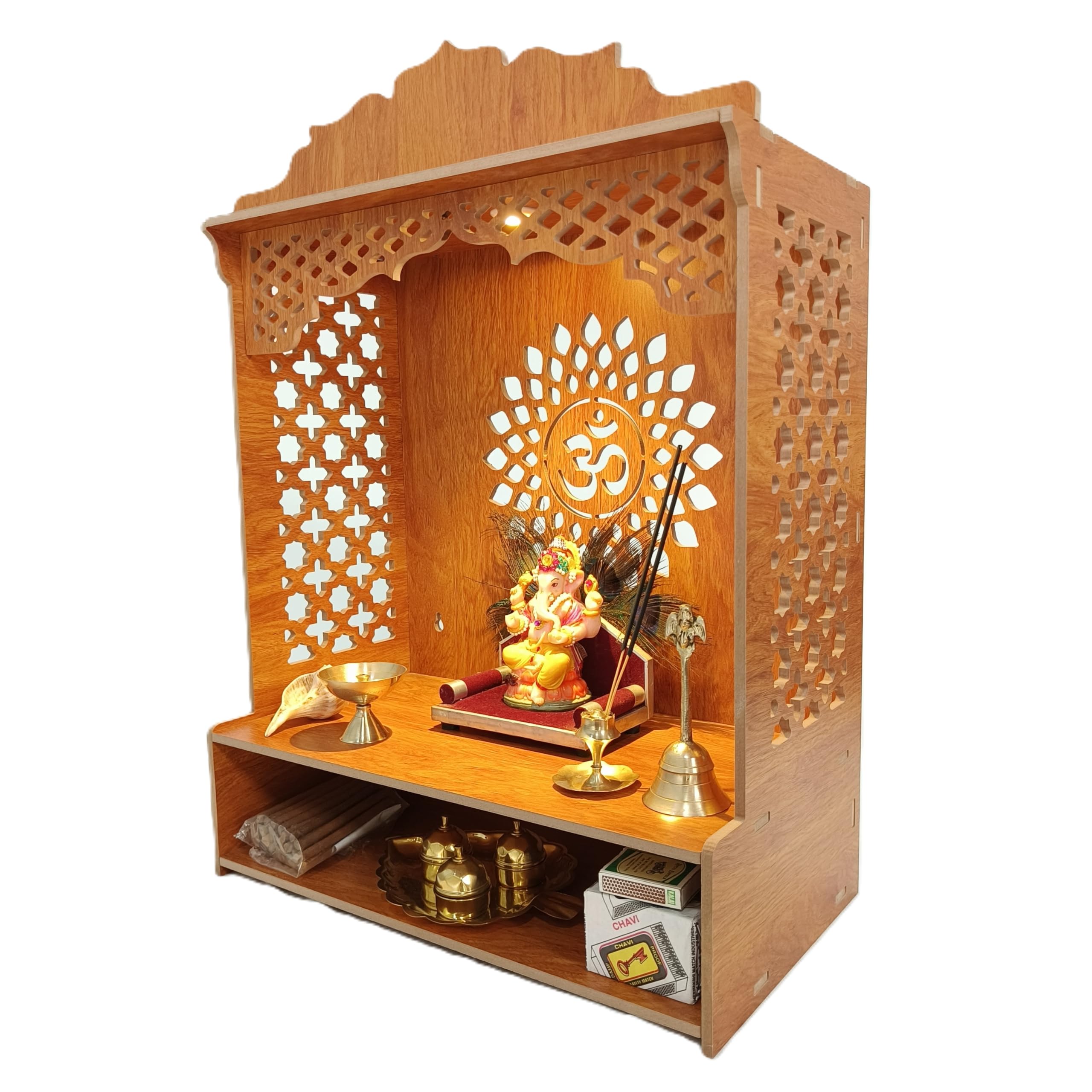 Devson™ Premium Wooden Temple | Wooden Pooja MANDIR for Home and Office use with LED SPOT Light | Wooden mandir with Storage Shelves | (Size - H 21 x L 16 x W 9 inch) SAI15