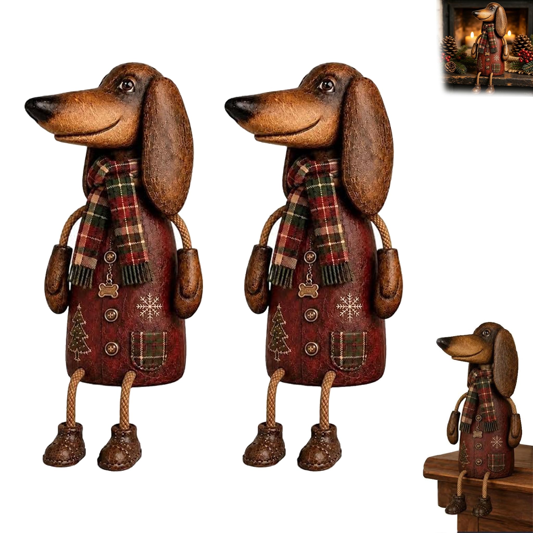 Vintage Christmas Dachshund Shelf Sitter Figurine with Plaid Scarf (2)