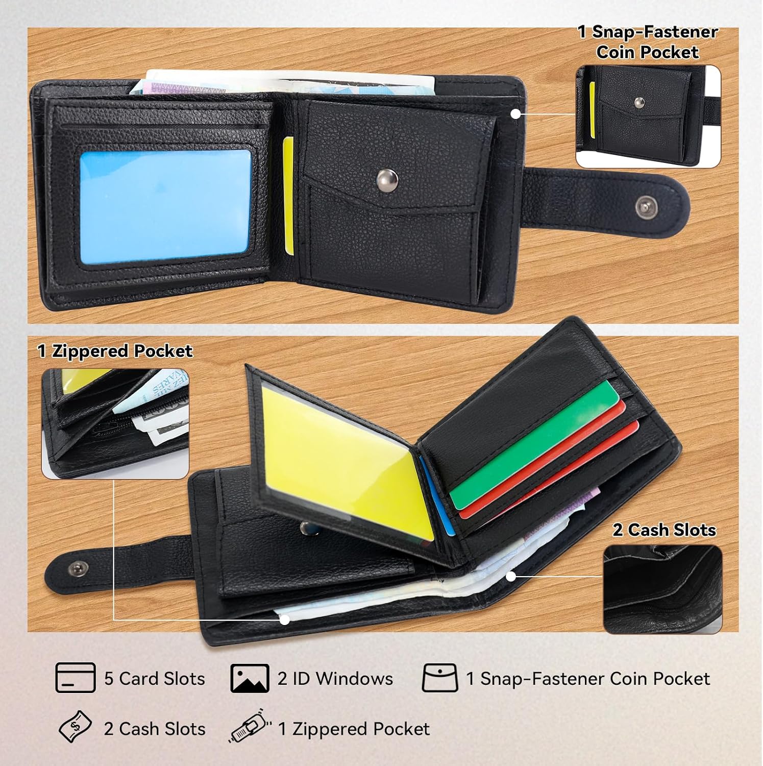 FuninCrea Bifold Wallets for Men, Waterproof Mens Credit Card Wallet with Coin Pocket, Faux Leather Wallet with Multi Slot and 3 Compartment for Working Business (Black) image 4