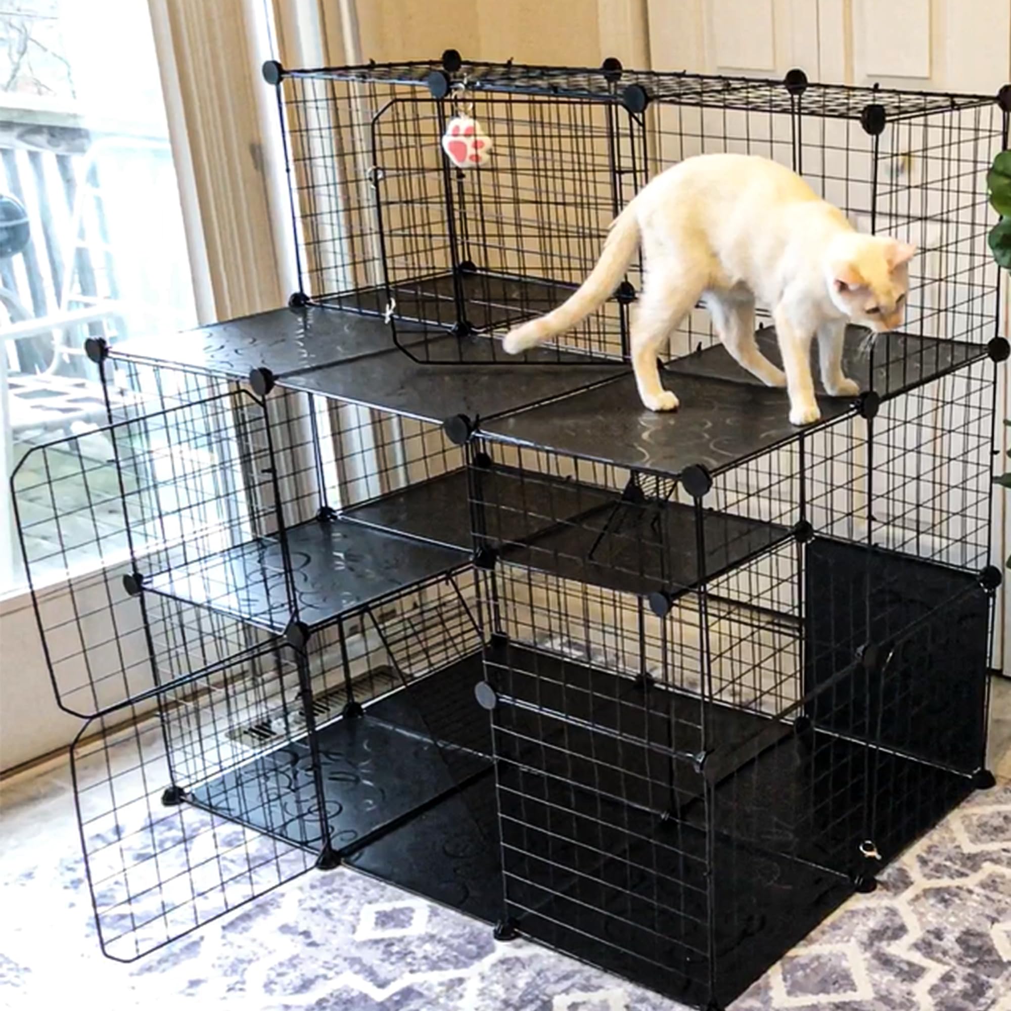 YITAHOME Jaula Grande para Gatos de Interior con balcón, perreras de Alambre de Metal Desmontables de 3 Niveles, Jaula para Gatos de Bricolaje para 1-3 Gatos, 106 x 71 x 106 cm