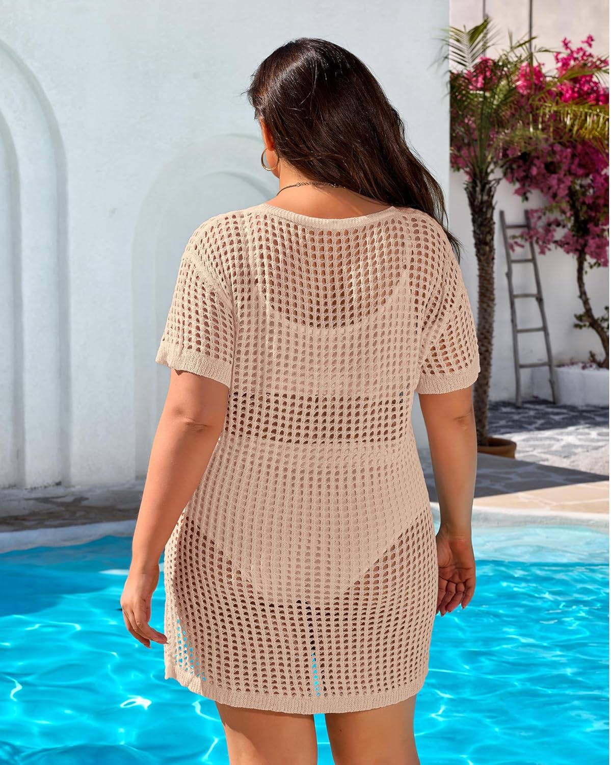Charmo Plus Size Swimsuit Coverup for Women Side Split Crochet Beach Cover Ups Swimwear Short Sleeve Bathing Suit - Image 3