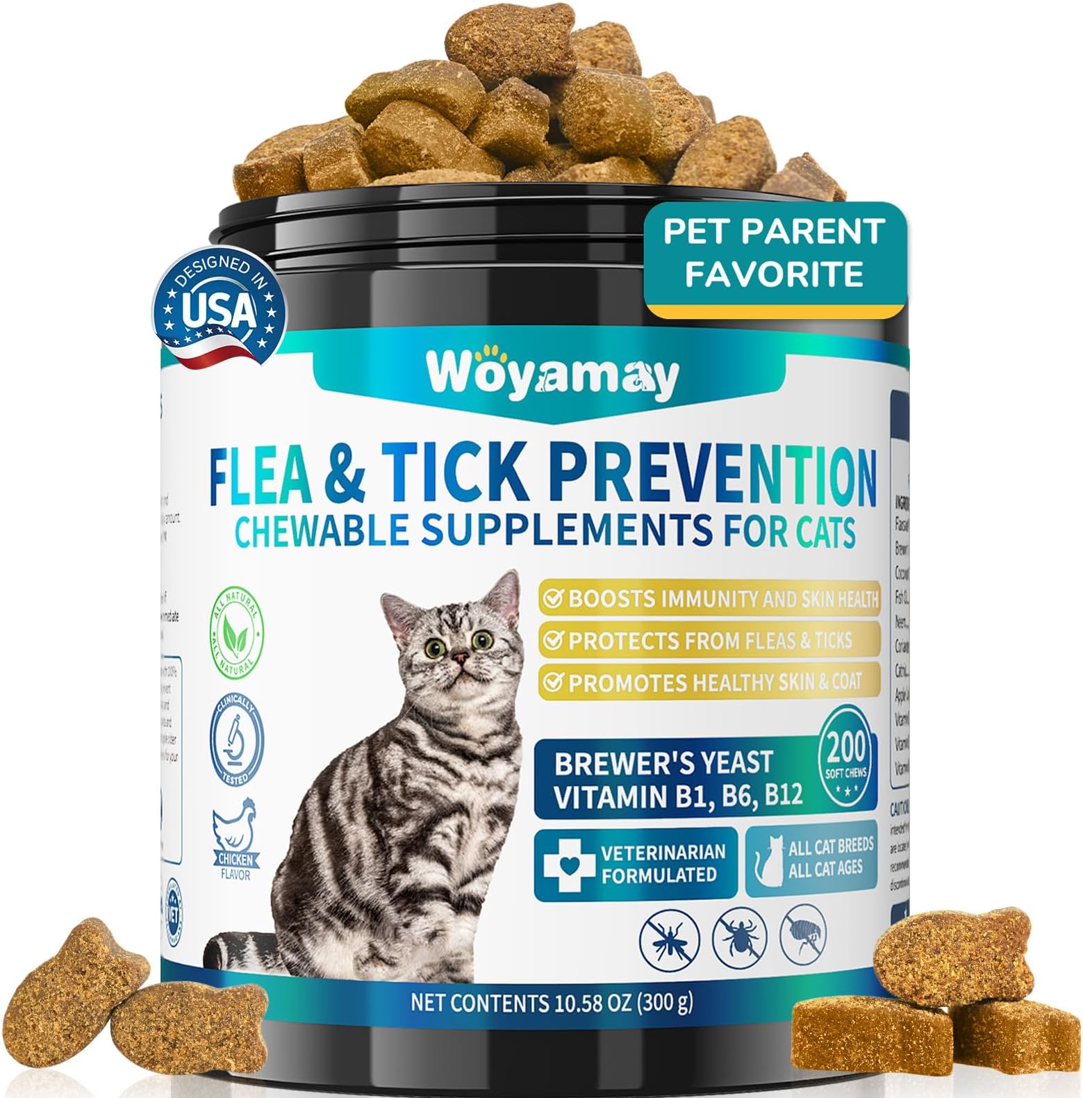 Flea Treatment for Cats, 200 Treats Flea and Tick Prevention for Cats Chewables, Natural Cat Flea and Tick Treatment Chews Daily Oral Flea Supplement, Kitten Cat Flea Treatment, Chicken Flavor