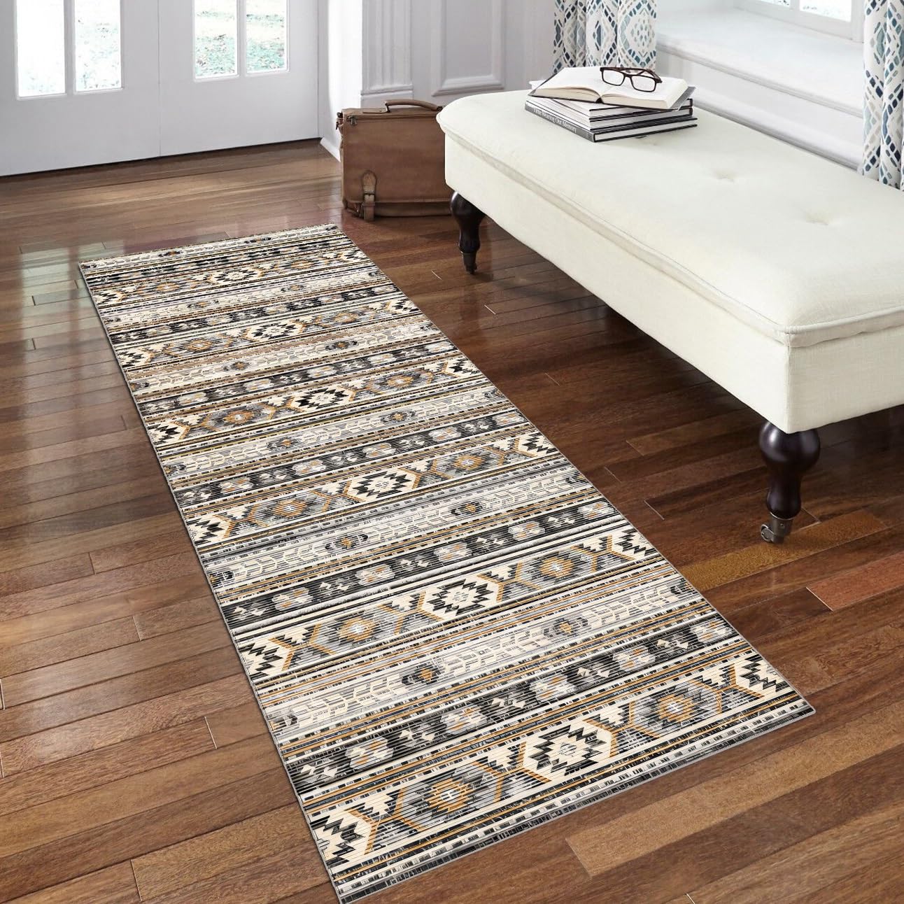 Loper voor gang, keuken, slaapkamer, lang, antislip, wasbaar, kleurrijk, boho-stijl, 90 x 300 cm, vintage tapijt, loper, duurzaam, loper voor in de gang, polyester, aanpasbaar per meter