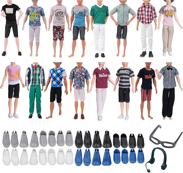 14 PCS Ken Barbie Dolls Clothes and Accessories Set, Including 3 Tops 3 Pants 6 Shoes 1 Glasses and 1 Earphone(Random Style)