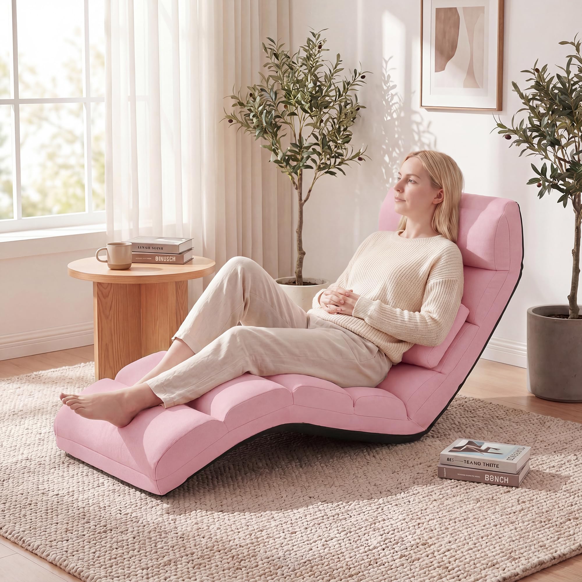 SOARS Fauteuil Salon Relaxant au Sol 5 Positions, Chaise Longue en Daim & Éponge avec Oreiller Rembourré & Repose-Pieds Réglable, Charge 120KG, Méridienne Convertible Bureau Terrasse Chambre (Rose)
