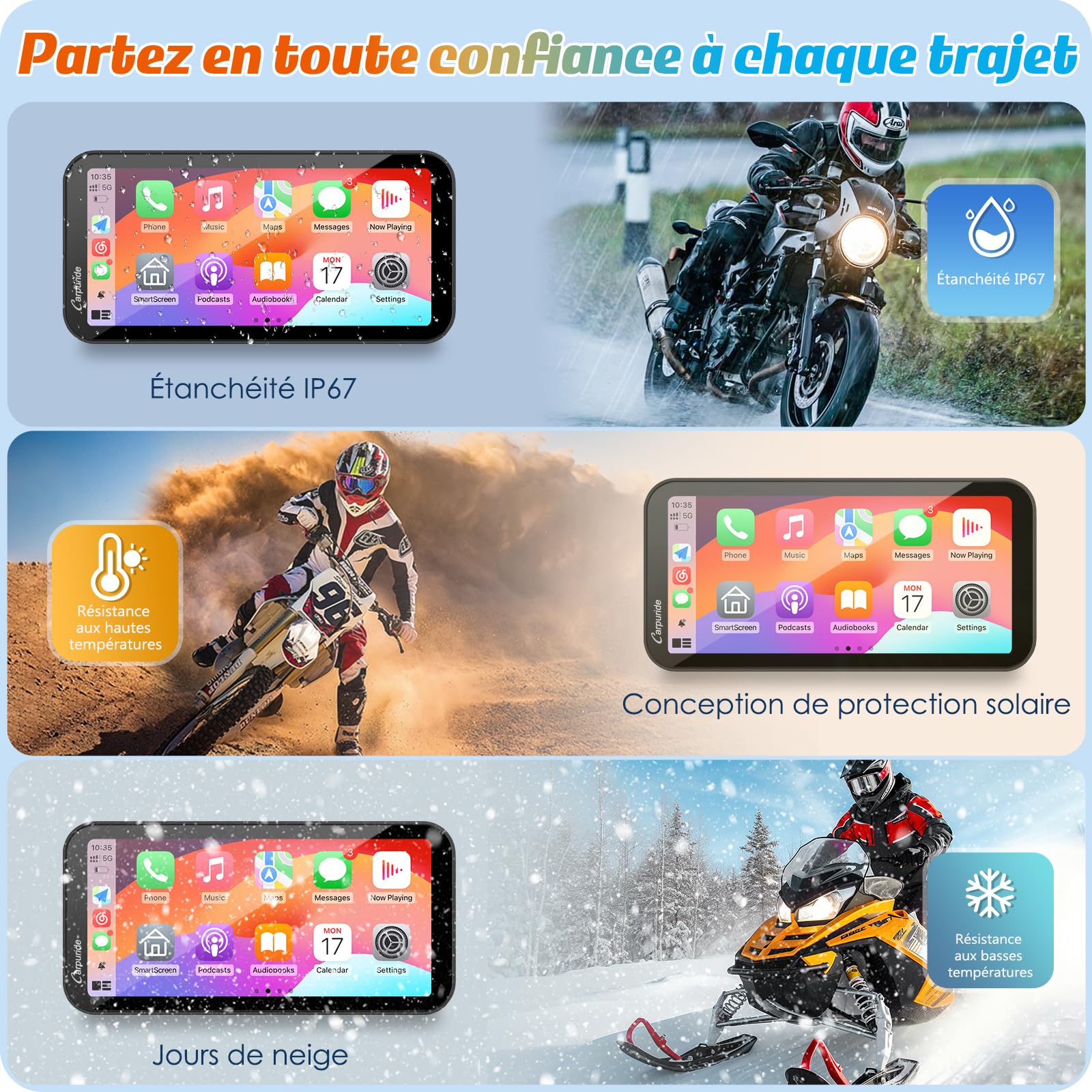 Carpuride W603 Écran Carplay pour Moto, CarPlay sans Fil et Android Auto pour Moto, Télécommande, Écran Tactile Étanche de 6,3 Pouces, Audio BT, Navigation GPS, Siri, Assistant G00gle