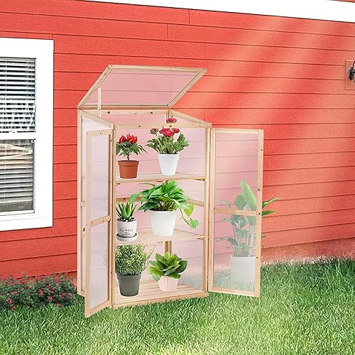 Miniatura 7 de Invernadero de madera con marco frío de 3 niveles para jardín mini cuarto de bebé maceta ventilada armario de flores portátil apertura frontal