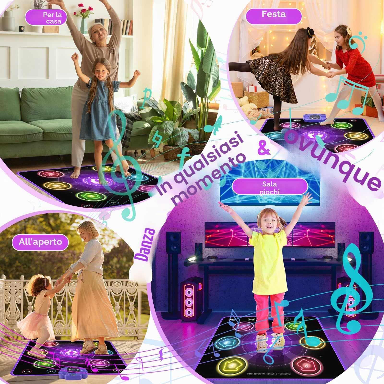 Bambini Tappetino da Ballo con 6 LED, GuKKK Tappeto da Ballo con Bluetooth per 3 4 5 6 7 8 9 10+ Anni,Tappetino da Ballo Elettronico,Giocattolo Tappeto Musicale da Ballo,Regali di Natale di Compleanno