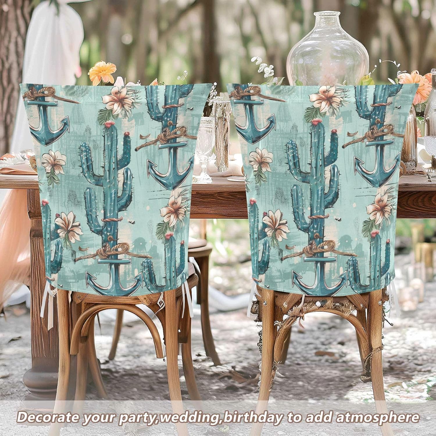 ALAZA Anchor Cactus Chair Back Cover Set of 6, Washable Reusable Removable Chair Slipcovers Decorative Chair Cover for Home Kitchen Wedding Party
