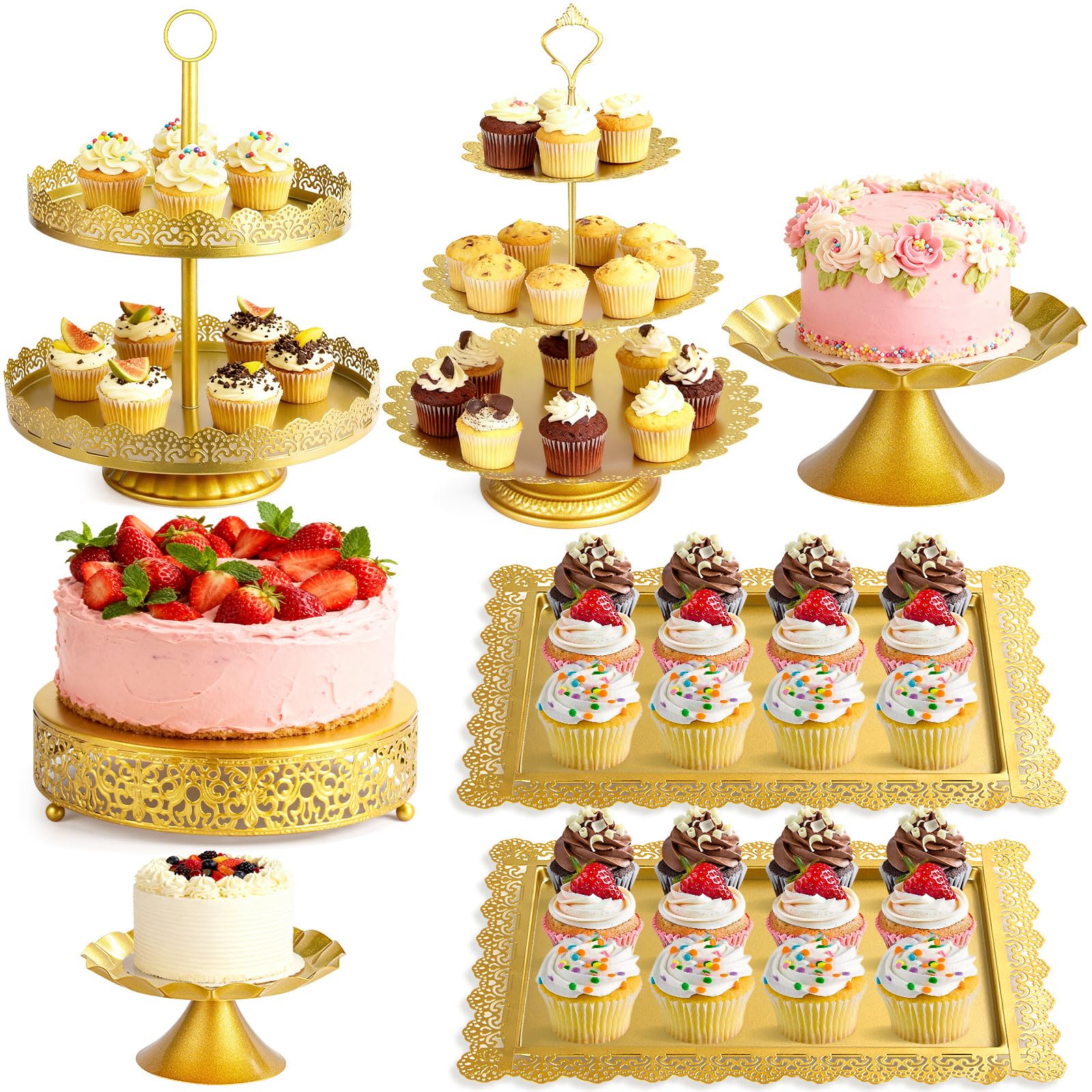 Set of 7 Cake Stands Metal Cupcake Stand Set Multiple Styles Candy Fruit Display Tower Dessert Plate Cake Serving Tray for Birthday Party Wedding Anniversary Baby Shower Engagement (Gold)
