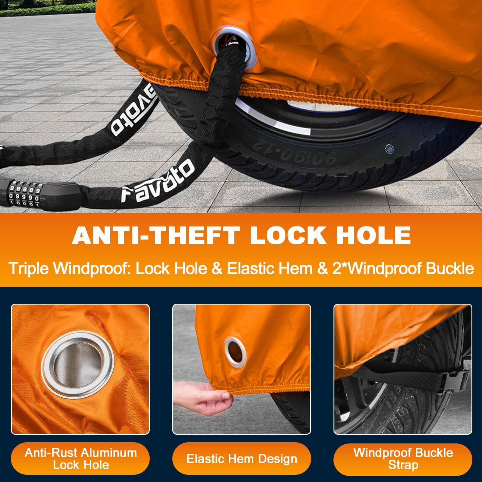 Favoto Housse Moto Extérieure Imperméable - Bâche de Protection XXL Anti-UV & Anti-Poussière avec Trou pour Antivol Sangles Coupe-Vent Noir Orange 245×105×125cm - 4