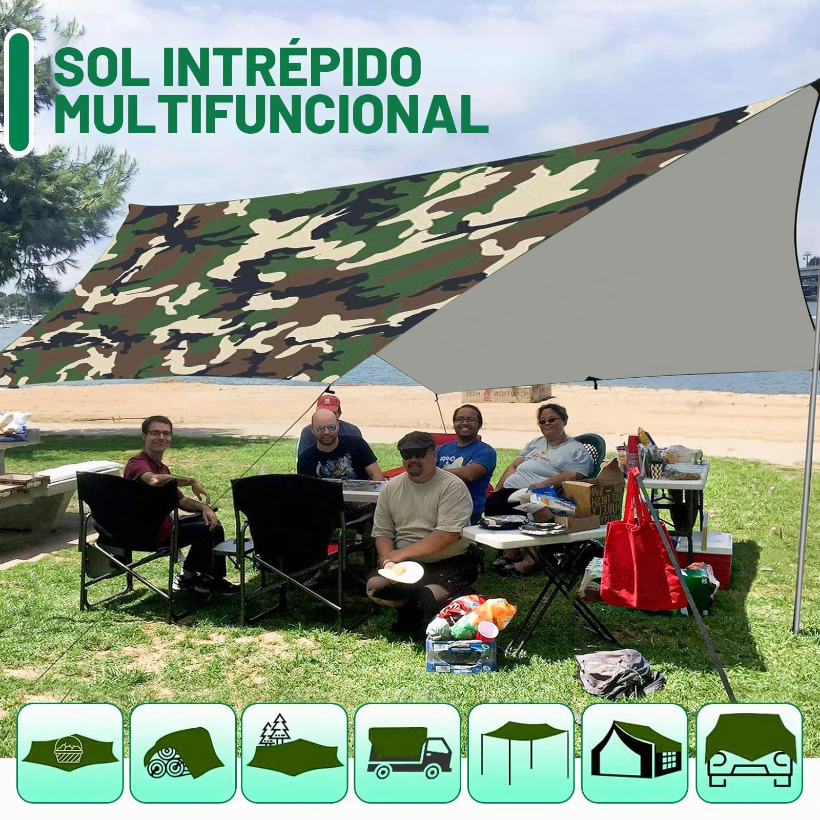 Toldo de Refugio Camping 3x3M, Toldo Camping Impermeable,Tienda de Campaña Tarp con 6 Cuerdas,6 Clavos de Tierra,2 Bolsa de Guarda,Lona Protectora Anti-UV para Vivac, Picnic, Playa, Hamaca