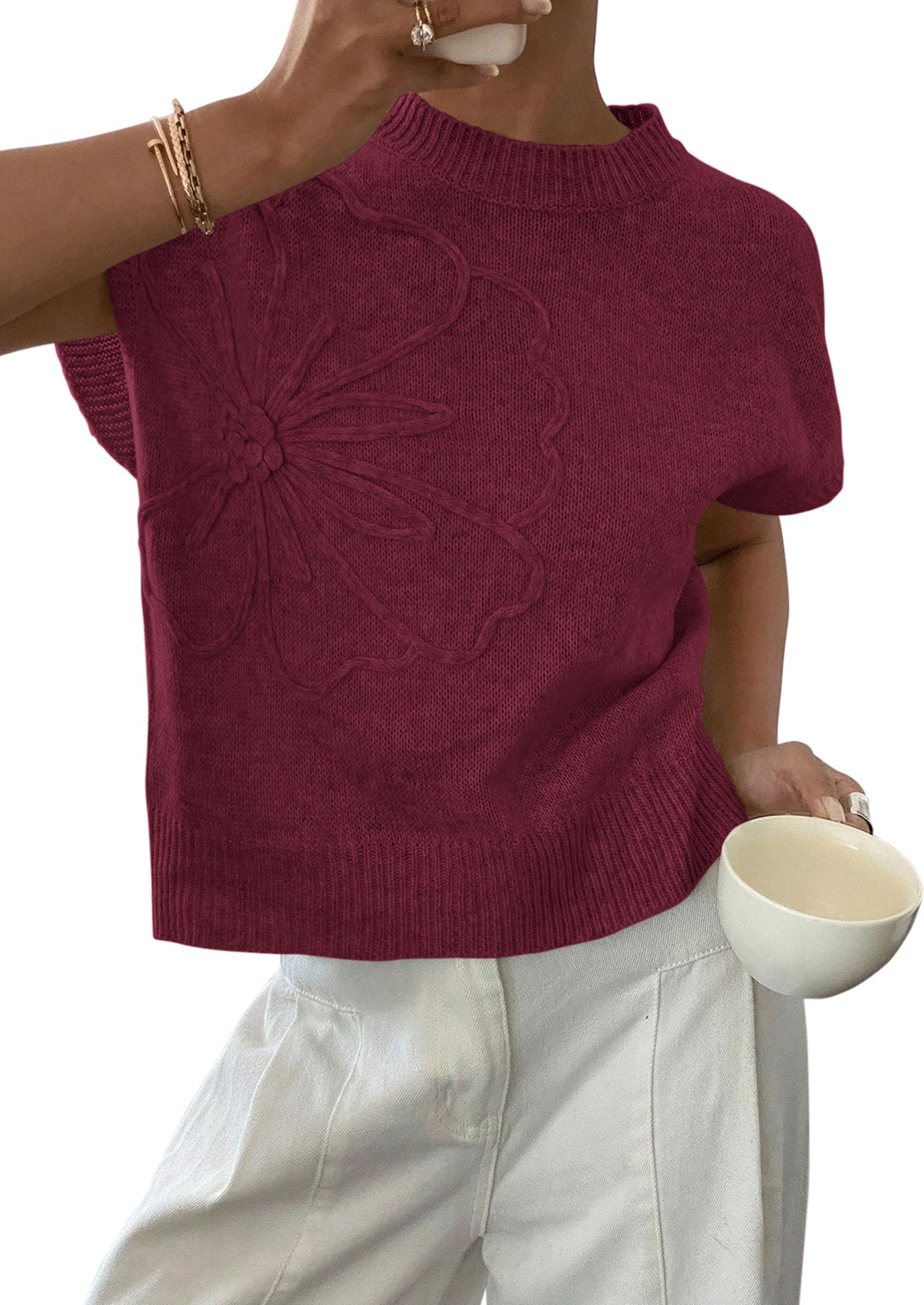 PRETTYGARDEN Women's 2026 Spring Sweater Vest Trendy Flower Knit Short Sleeve Cute Pullover Tank Tops Summer Fashion Clothing