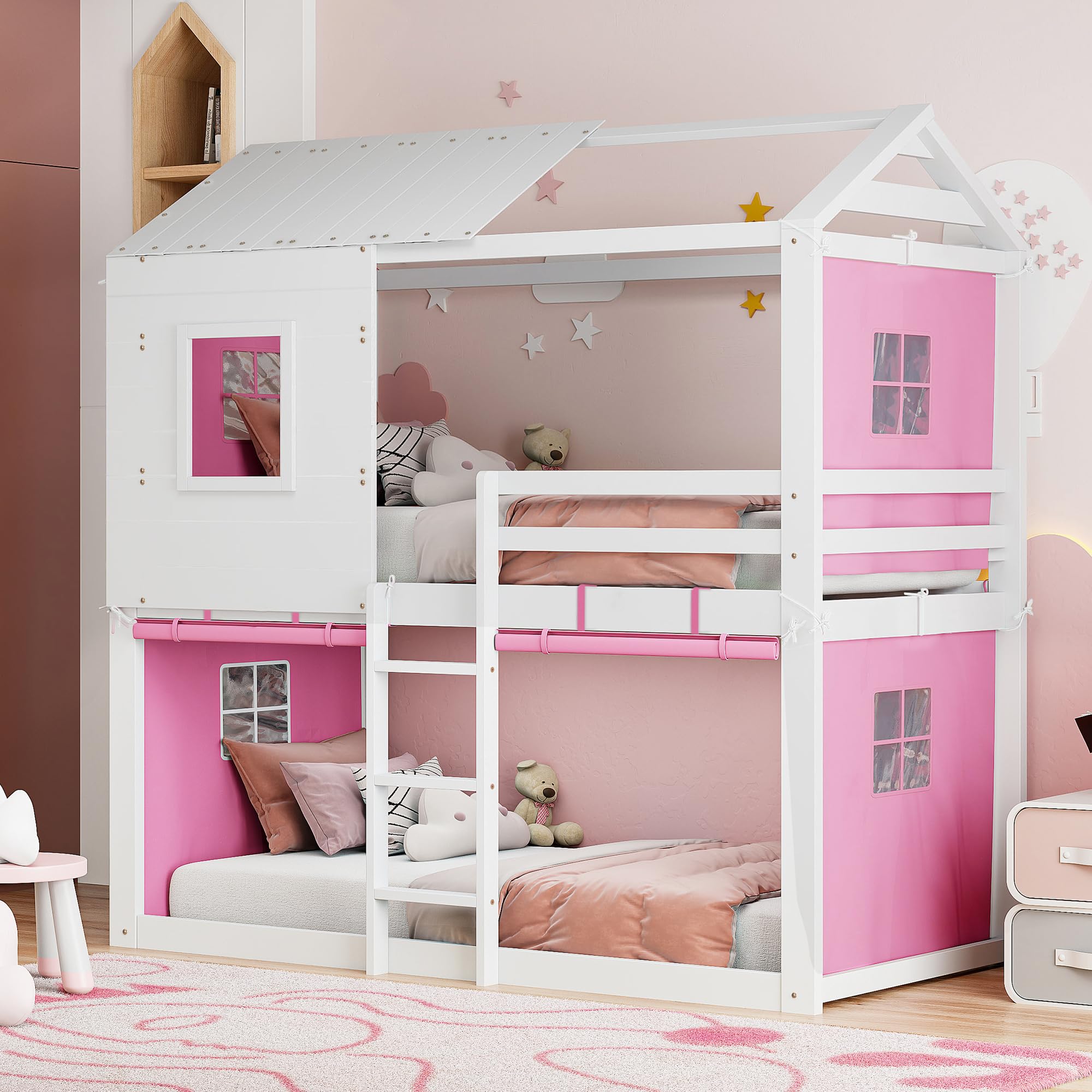 Twin Over Twin Bunk Bed with Tent, Wood Twin Size House Bed Frame, Pink+White