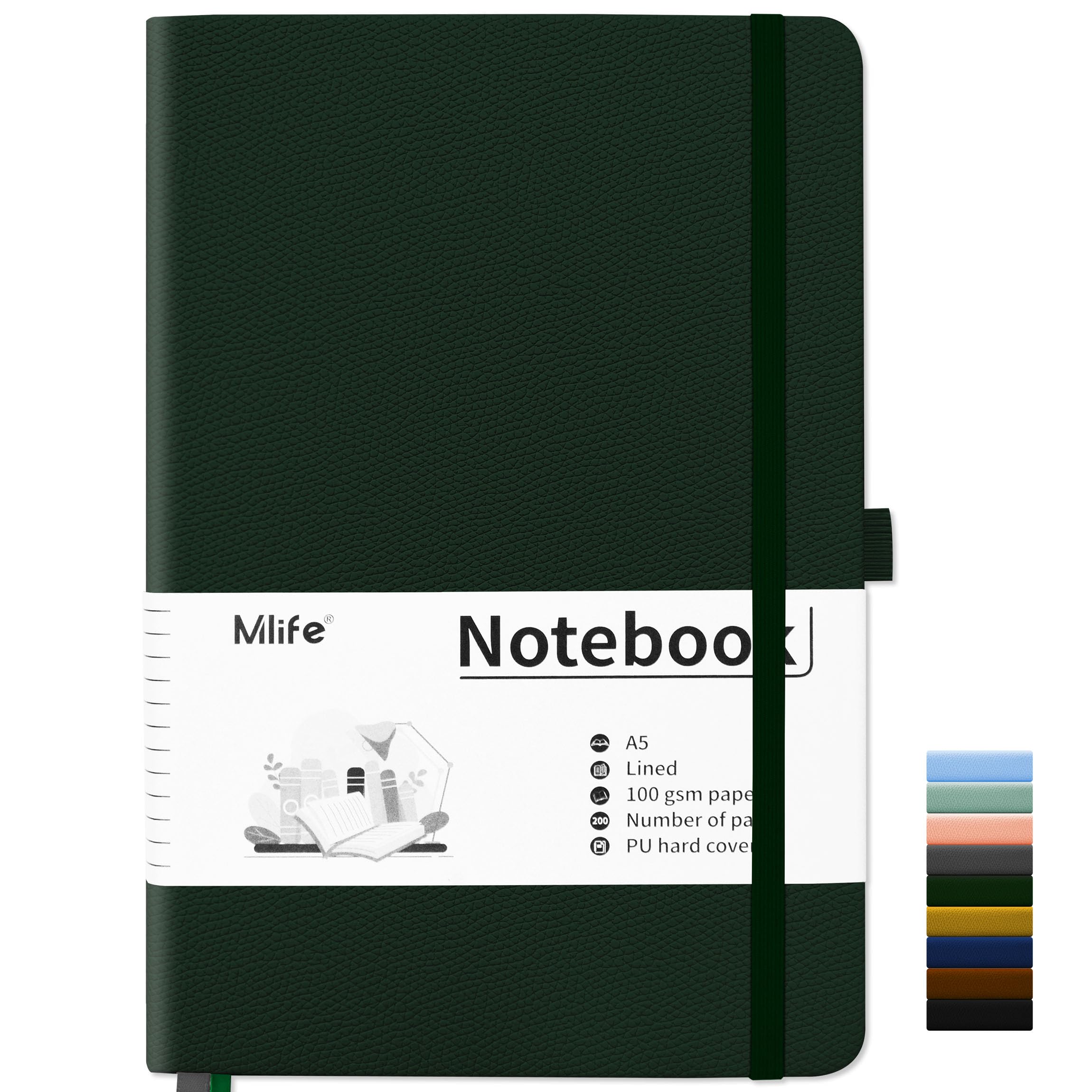 Mlife Cuaderno Rayado A5,Libreta con 200 páginas,Papel grueso de 100g/m² resistente a la tinta,Notebook con Tapa Dura de PU,Bolsillo interior,Banda elástica,Bullet Journal & Journal Diary(Verde)