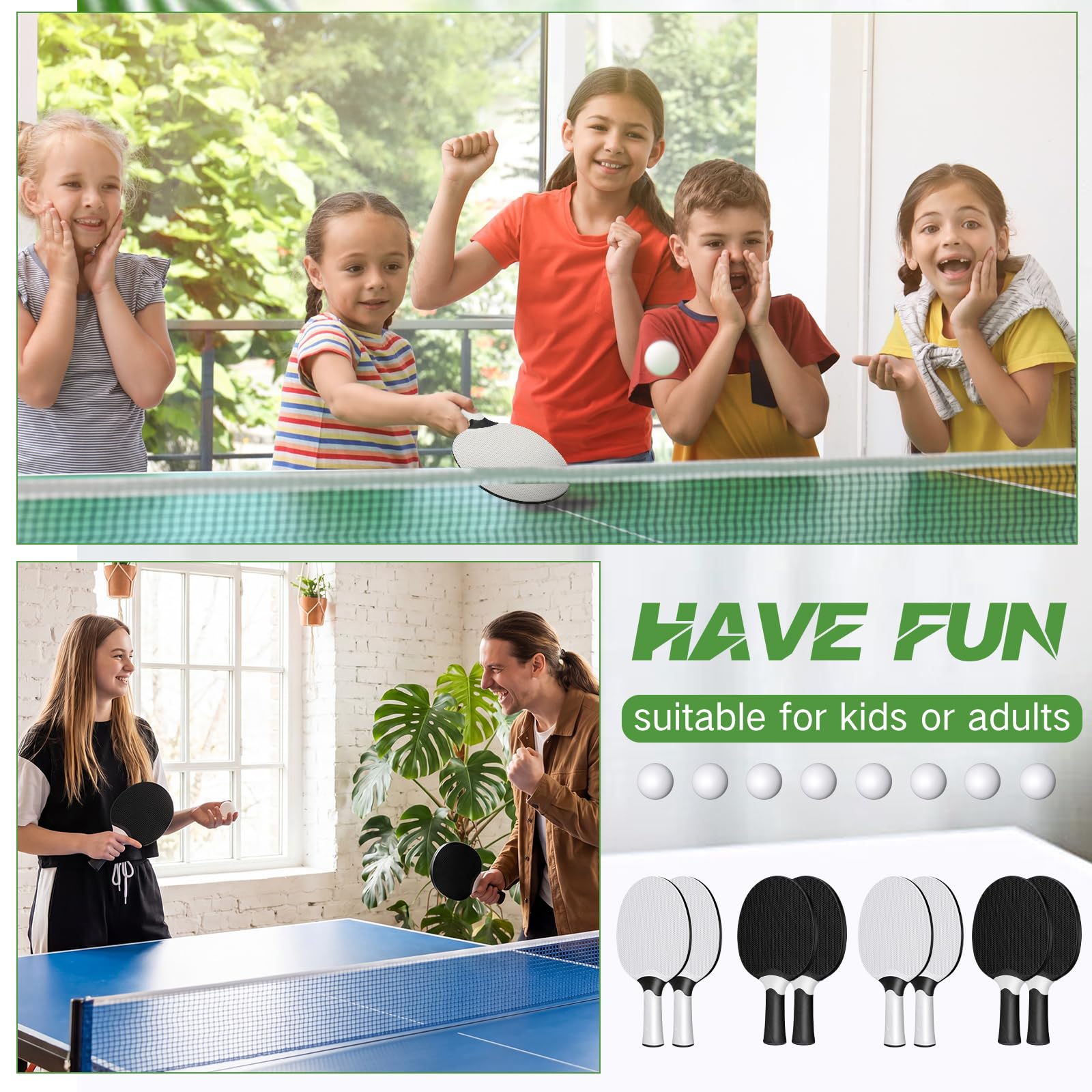 Junkin 8 Pieces Table Tennis Paddles Kit Professional Rackets Set Portable Composite Rubber Table Tennis Racquets with 8 Balls for Indoor and Outdoor