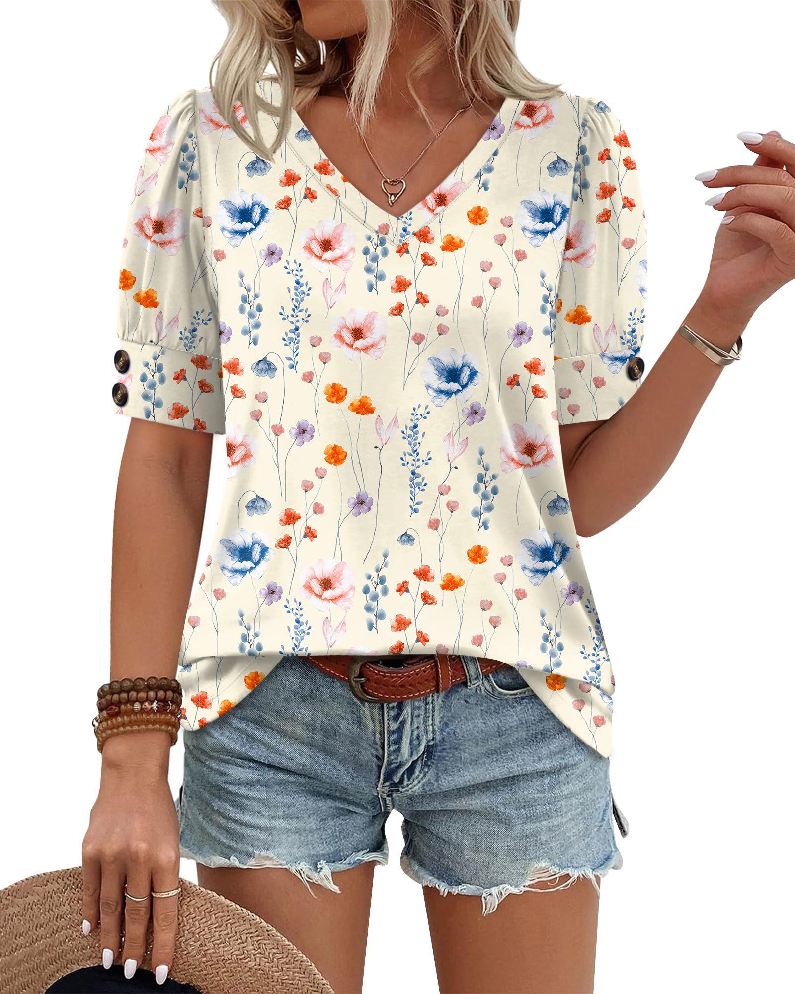 Condition photo showing New/Like New for please see bidfta photo for color ofeefan womens tops short sleeve shirts buttons v neck spring fashion summer outfits plus size blouses dressy casual