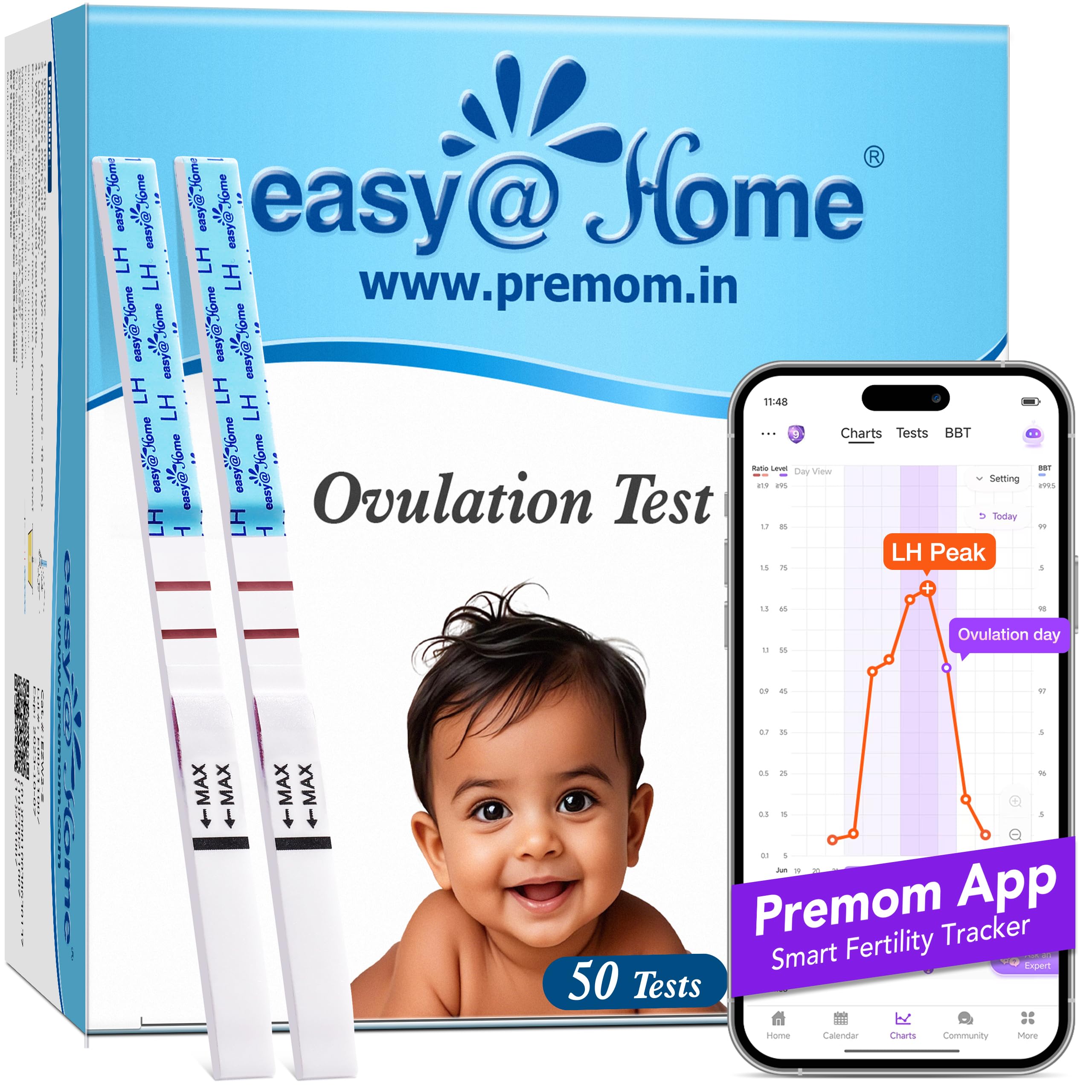 Easy@Home Ovulation Test Strips: 50 LH Kit for Women to Track Fertility - Get Precise LH Detection in 5 Mins - Easy Home Testing with Ovulation Predictor Premom App Support