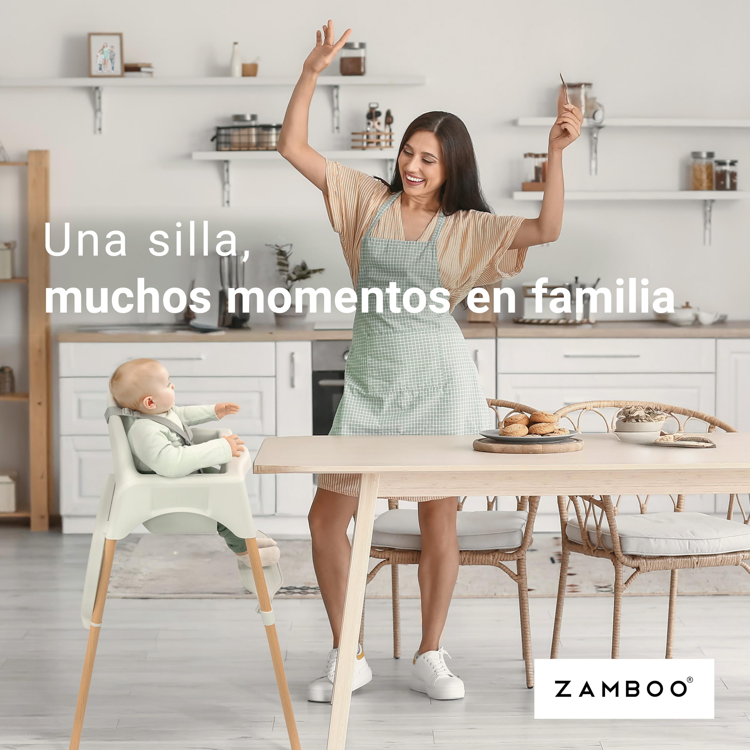Zamboo Tronas de Bebé Ligeras desde 6 Meses 3,5 kg | Silla Alta Comedor Evolutiva con Diseño Madera - Bandeja Extraíble Grande y Arnés Seguridad 5 Puntos | Portátil - Antivuelco, hasta 15 kg – Gris