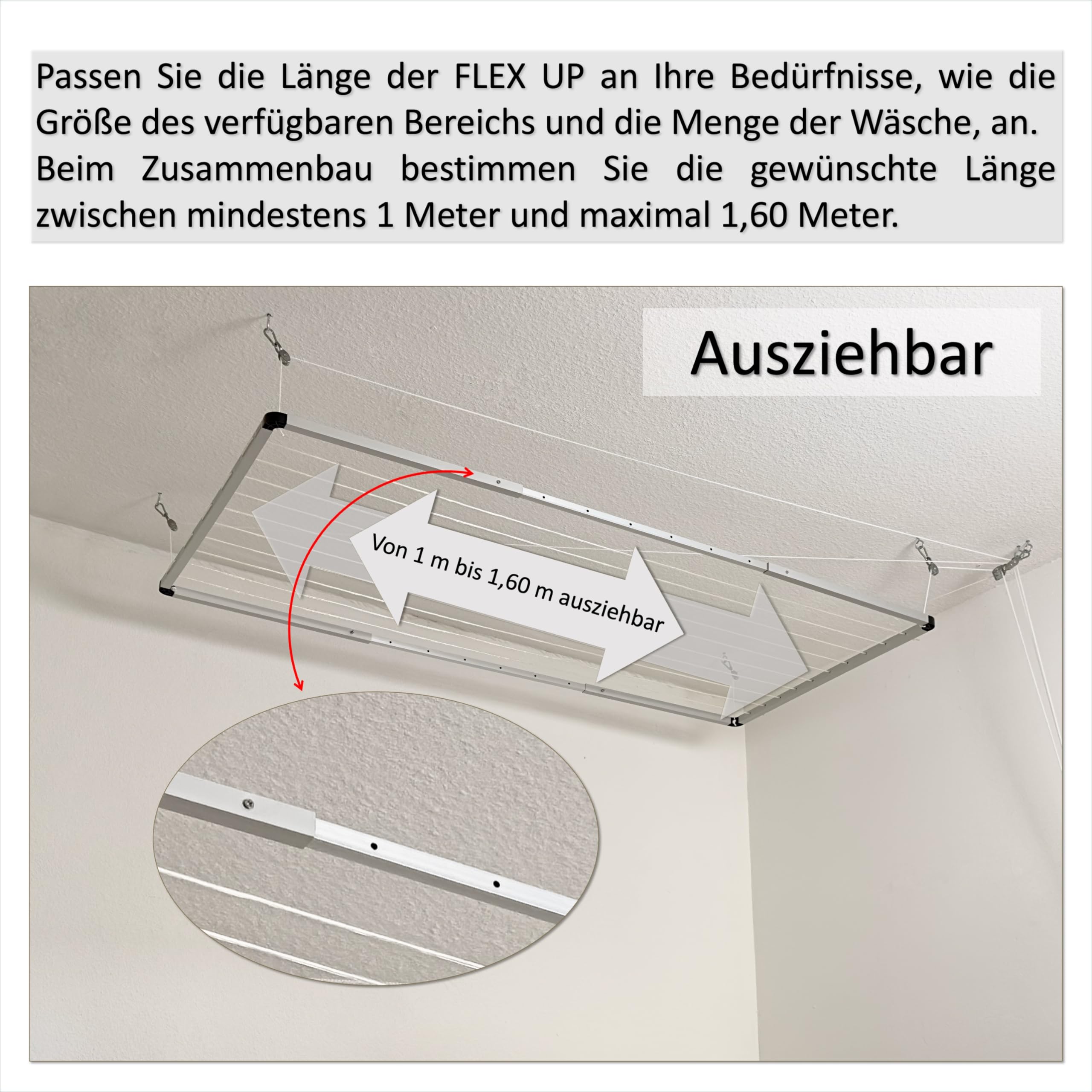 Flex UP Deckenwäscheständer - Deckentrockner ausziehbar - Wäscheständer für die Decke – für Badewanne, Balkon, in- und Outdoor – platzsparend - Deckenbefestigung 100-160 cm (Mit Handgriff)