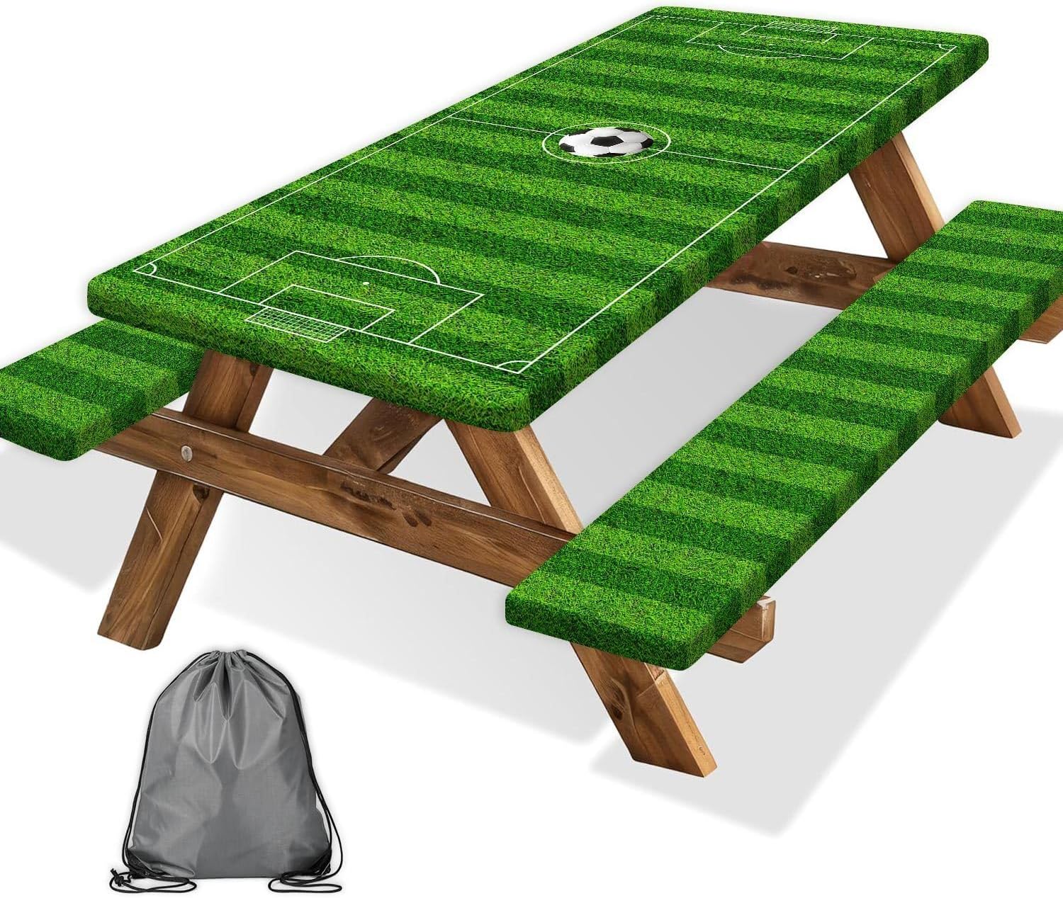 Picnic Table Cover with Bench Covers Elastic Edges, Green Soccer Theme Table Cover, Waterproof Windproof Fitted, for Outdoor Sports Parties Kids Gatherings Patio Garden, Drawstring Bag, 72 Inch 3PCS