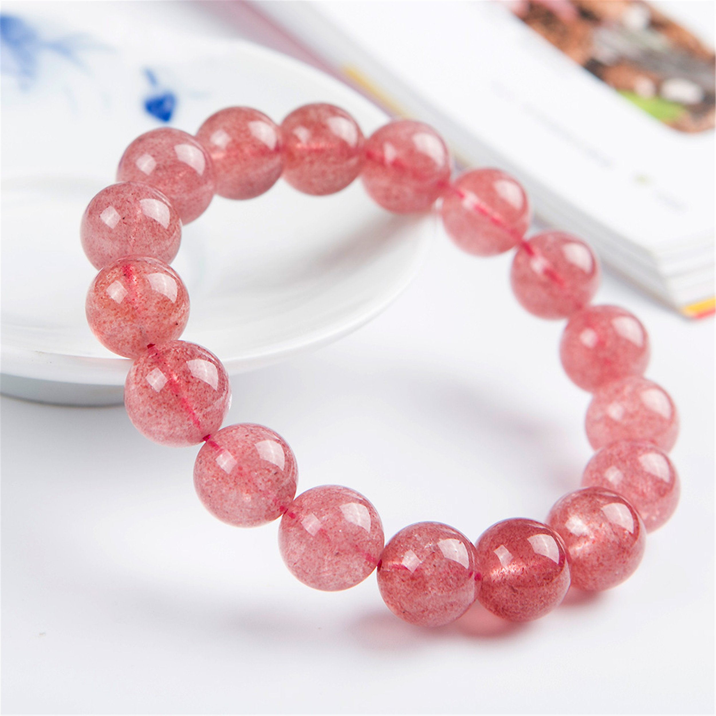 Braccialetti for Donne,Bracciale con Perline,Autentico Quarzo Fragola Naturale Gemma di Cristallo Elasticizzato Bracciale con Perline Rotonde 12mm