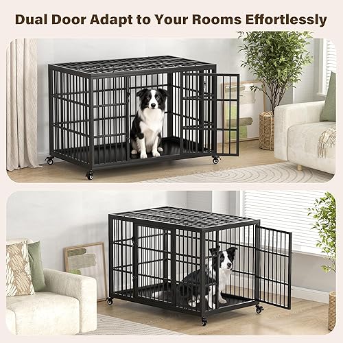 Miniatura 4 de VERIFURTY Jaula de 48 pulgadas para perros grandes con pestillo de autobloqueo, perrera de acero a prueba de fugas para interiores, jaula de metal