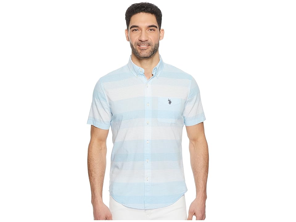 

U.S. POLO ASSN. Short Sleeve Slim Fit Striped Shirt (Coast Azure) Men's Clothing, Blue