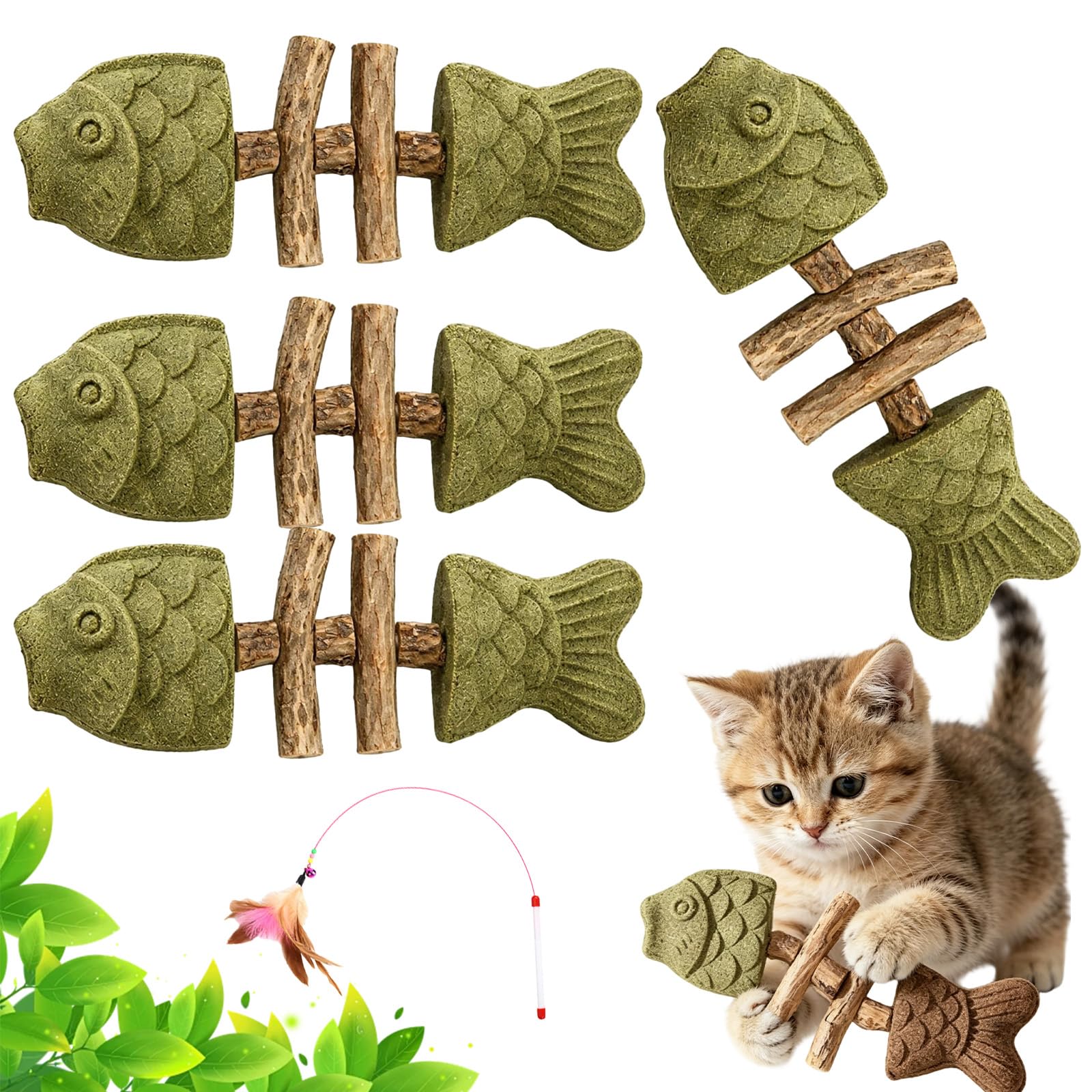 Syeefula 2026 New Creative Fish Bone Cat Dental Chew Toy, Catnip and Silvervine Chew Toys, Natural Catnip & Silvervine Teeth Cleaning Stick, Cat Toy for Chewing, Licking, Pawing (4green)