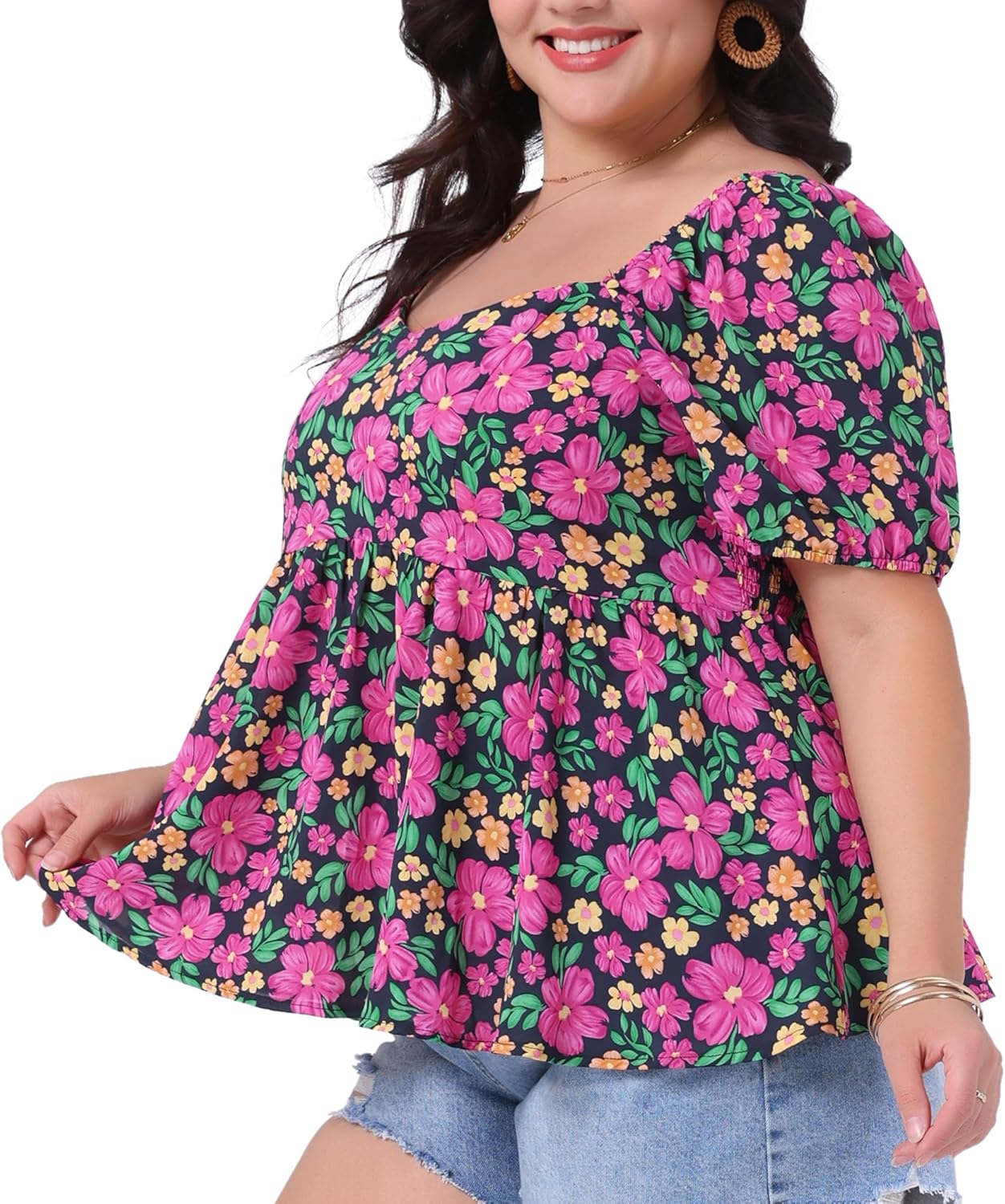 Agnes Orinda Plus Size Tops for Women Sweetheart Neck Short Sleeve Back Smocked Ruffle Hem Floral Blouses - Image 2