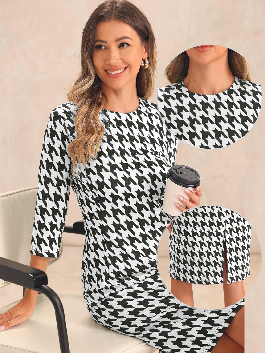 Allegra K Houndstooth Dress for Women Plaid 3/4 Sleeve Crew Neck Back Slit Keen Length Business Casual Elegant Sheath Dresses - Image 2