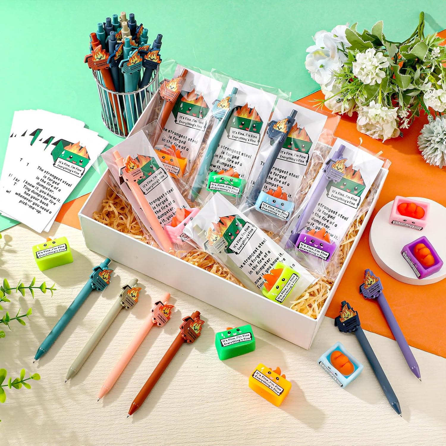 TecUnite 30 Sets Dumpster Gifts Bulk Graduation Employee Coworker Appreciation Team Inspirational Colored Dumpster Pen Stress Ball Awesome Card Nurse Teacher Volunteer Funny Office Staff Gifts
